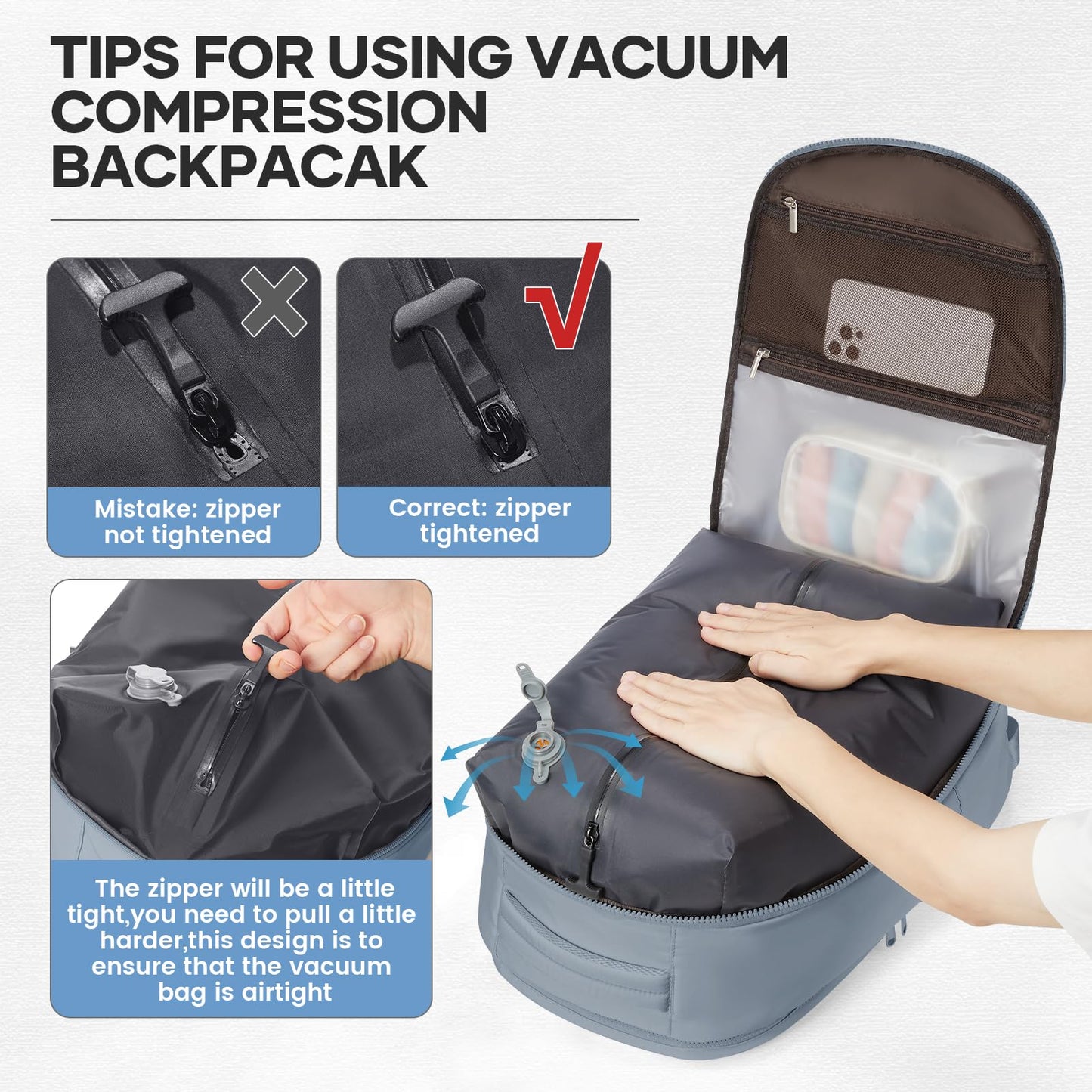 UPPACK Vacuum Backpack Travel with Pump Carry on Backpack Flight Approved Personal Item Travel Bag Airplane Compression Backpack for Travel with Vacuum System Blue