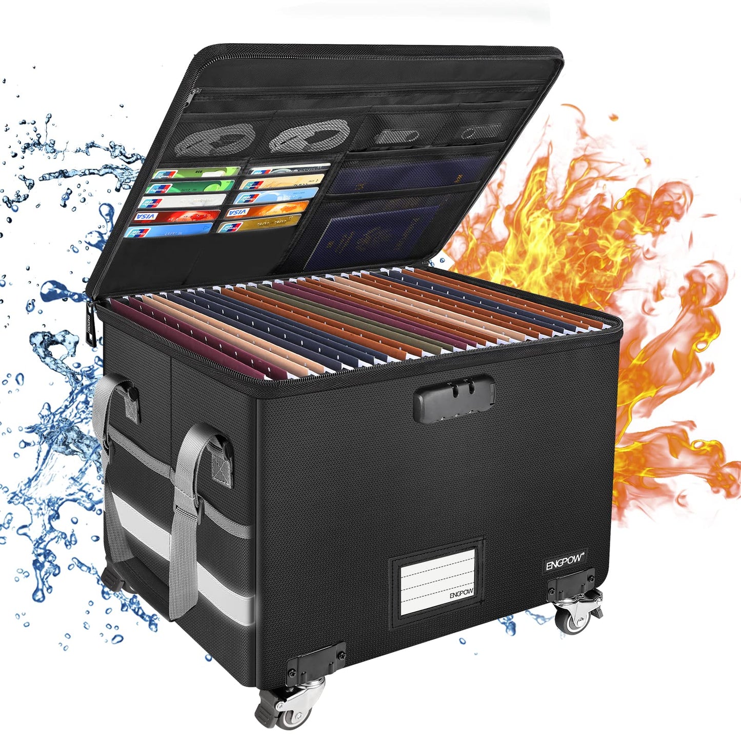 File Box with Wheels,ENGPOW Fireproof Document Box with Lock,Collapsible Rolling File Storage Organizer Box Filing Cabinet with Zipper Lid,Portable Home Office Safe for Hanging Letter/Legal Folder