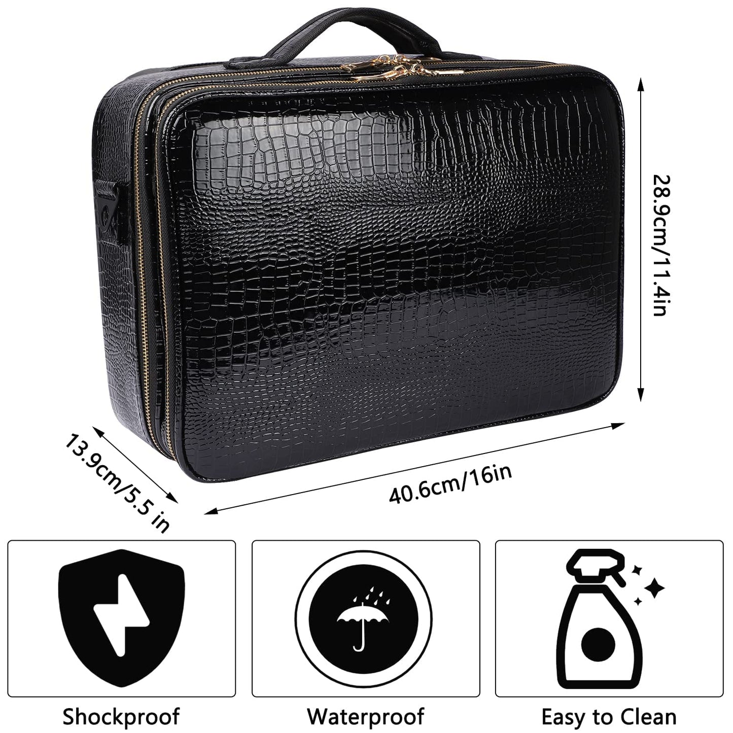 Oewoer Travel Makeup Case, 16 Inches Large PU Leather Professional Cosmetic Bag With Shoulder Strap and Adjustable Dividers (Crocodile Pattern)