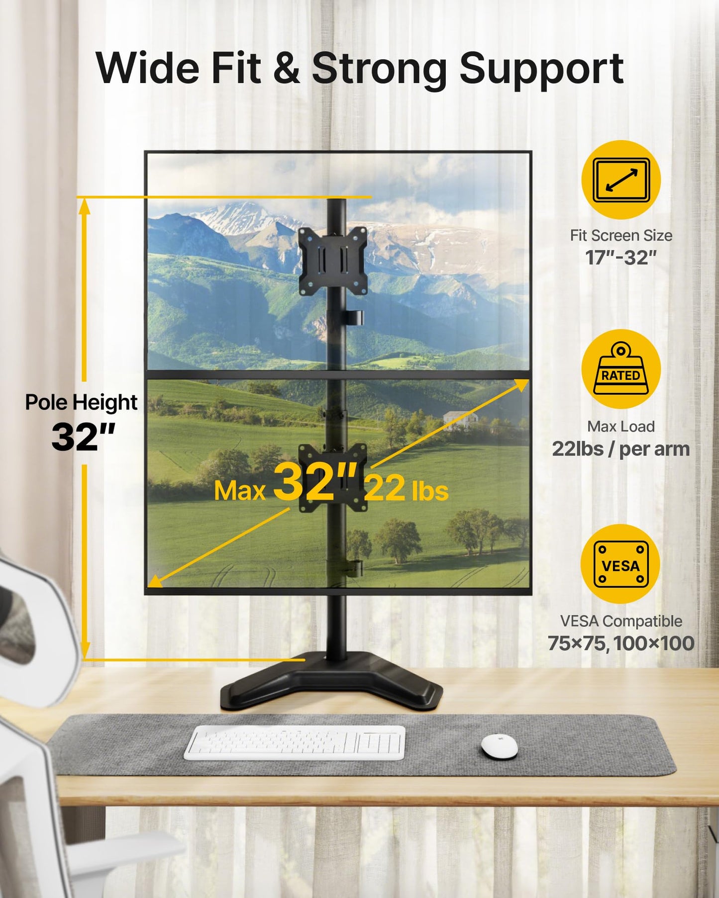 monTEK Stable Stacked Dual Monitor Stand, Heavy-Duty Vertical Monitor Mount for 17-32 inch Screen, Full Motion Arm with Tilt, Swivel, Rotation, Up to 22 lbs per Arm, Solid V-Shaped Base, VESA 100×100