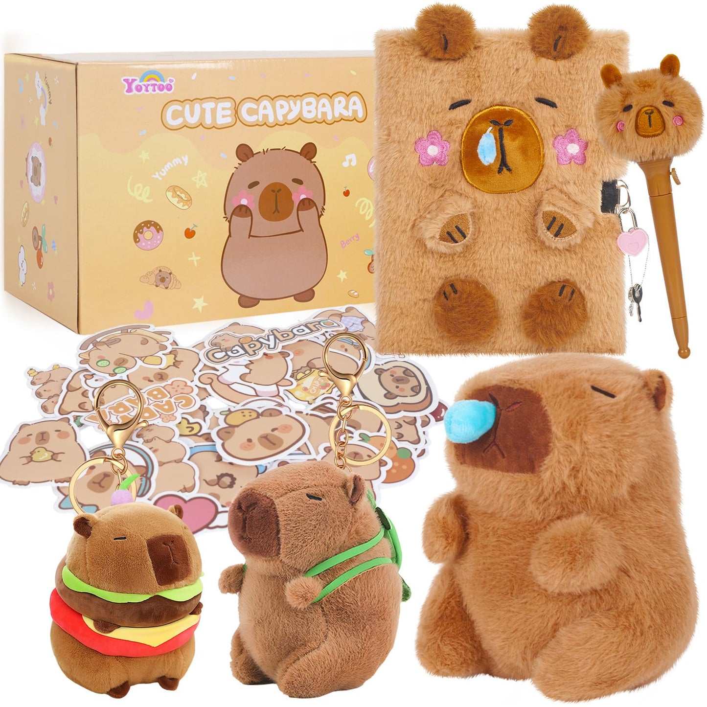 Capybara Gifts for Girls, Kids Capybara Plush Toys Set with Capybara Stuffed Animal, Secret Diary, Ballpoint Pen, Stickers, Birthday Gifts for Little Girls Age 5 6 7 8 9 10-12 Years Old