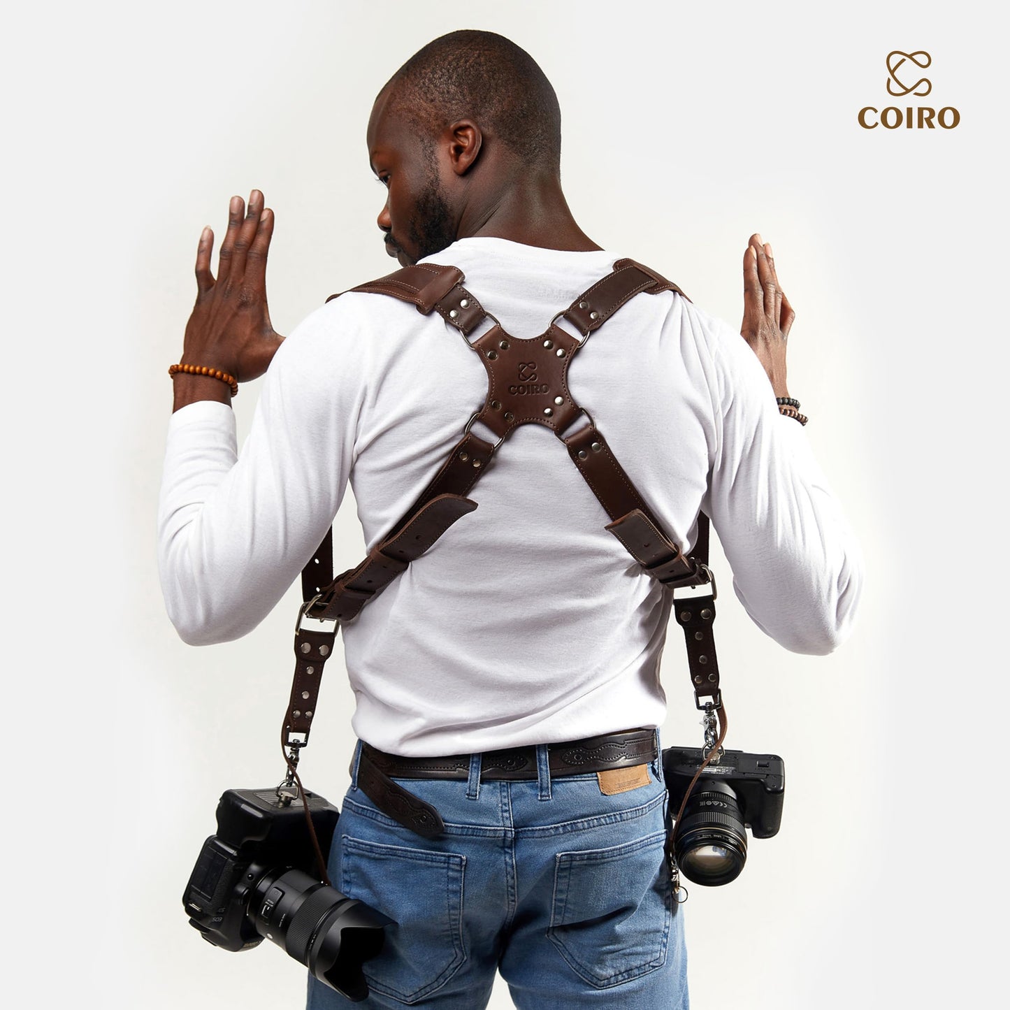C Coiro Camera Harness for 2 Cameras – Dual Shoulder Leather Camera Strap – Double Camera Harness for DSLR/SLR, Brown, One Size
