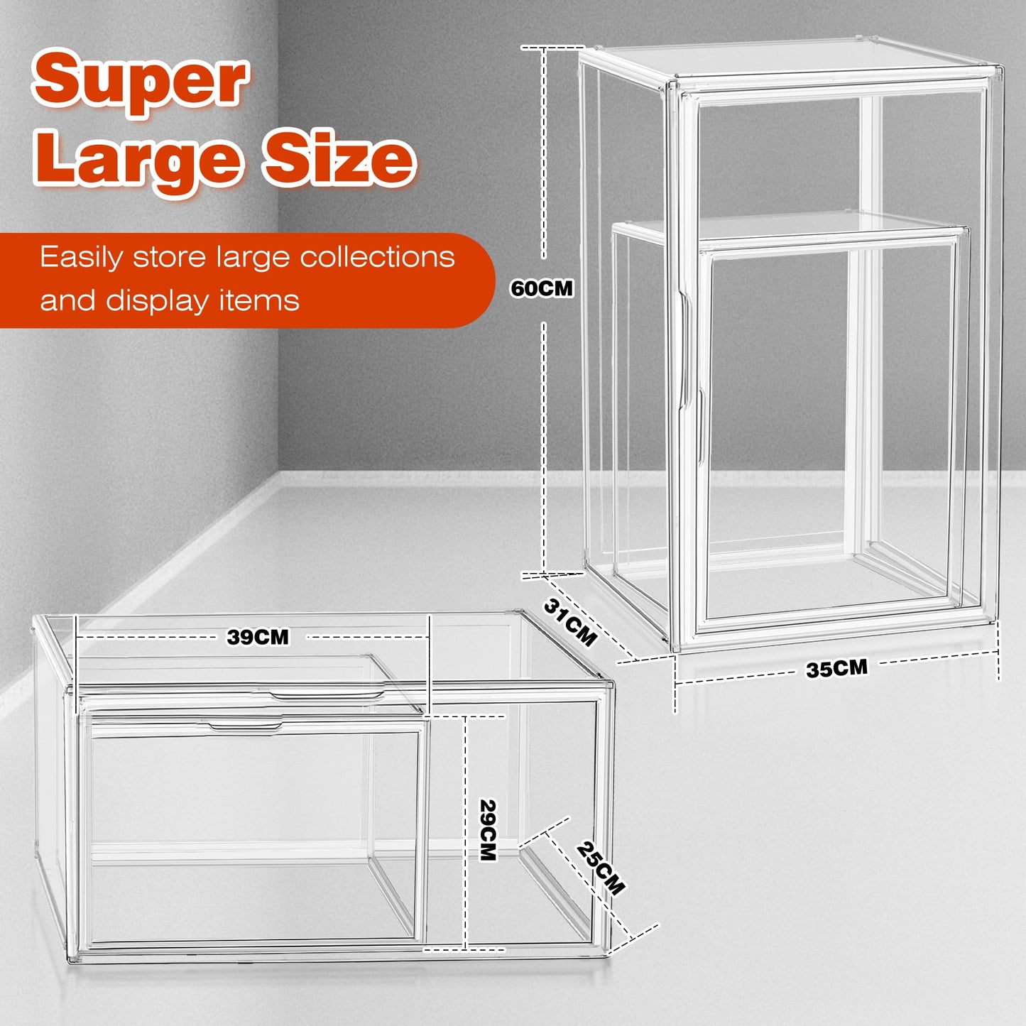 1 Pack Tall Acrylic Display Case XXXXX-Large 13.8”x 12.2”x 23.6" Purse Handbag Organizer Long Stackable Tall Boot Totes Storage Box Clear Giant Figure Collection Showcase with Magnetic Lid