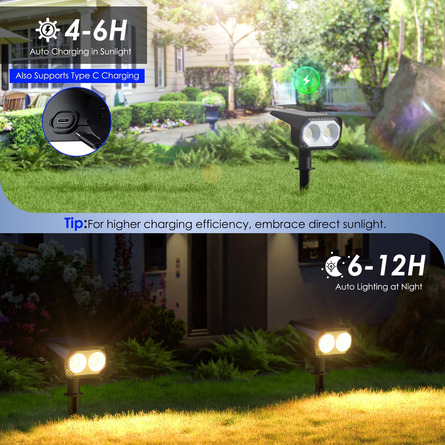 Quntis 4-Pack Solar Spot Lights, 3 Colors (Warm White/Cool/Natural), USB & Soloar Powered Landscape Spotlights, IP65 Waterproof Solar Garden Lights, Wall/Ground Solar Light Outdoor for Yard Patio Path