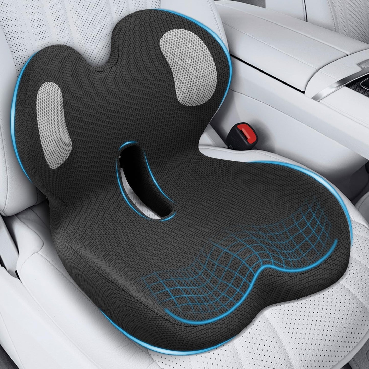 Memory Foam Seat Cushion with Lower Lumbar Support - 3-Inch Car Booster for Shorter Drivers & Ergonomic Orthopedic Cushion Back & Sciatica Pain Relief for Truck RV Office Chair (Black WE)