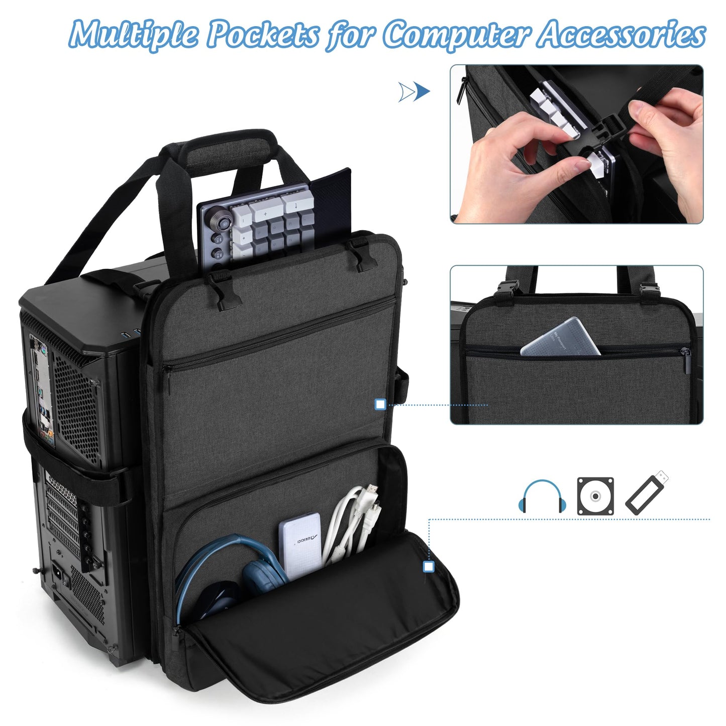 Trunab PC Tower Carrying Strap with Handle, Desktop Carrying Case with Pockets for Keyboard, Cable and Computer Accessories, Ideal for Transporting On The Go (Patented Design)