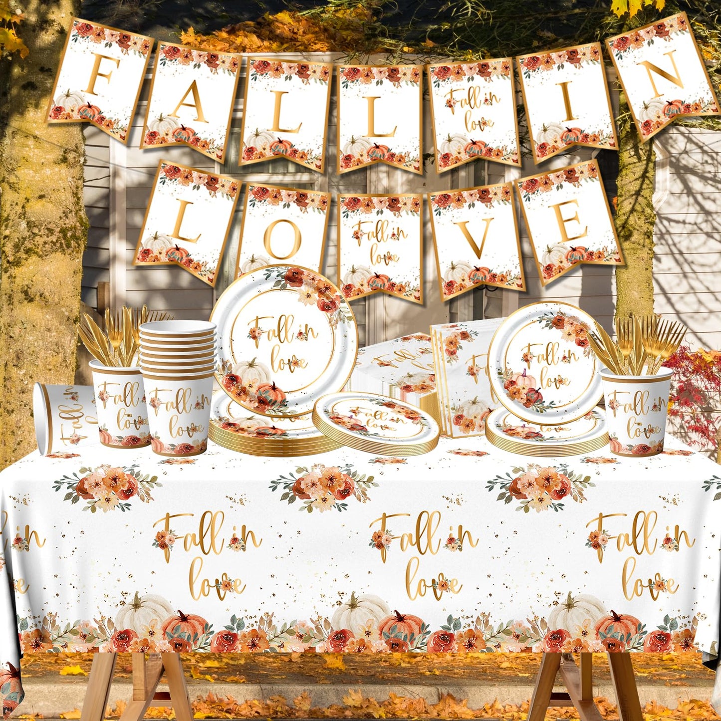 Fall in Love Decoration,142pcs Autumn Fall Tableware Fall Plates Napkins Banner Fall Tablecloth for Thanksgiving Supplies