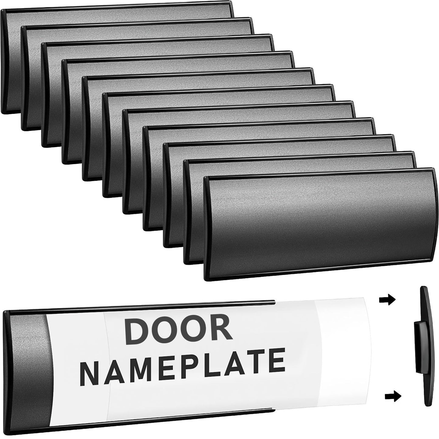 12 Pcs Self-Adhesive Door Name Plate Holder 8x3 Inch Metal Aluminum Nameplates Personalized Curved Name Signs with Plastic Film for Office Cubicle Doors Room Wall Desk - Black