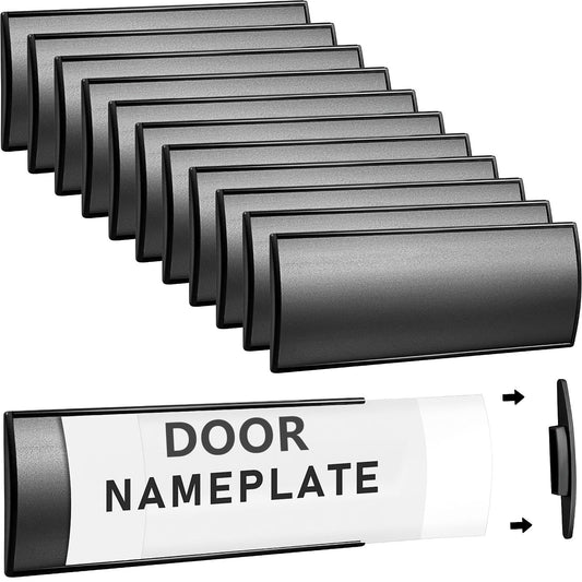 12 Pcs Self-Adhesive Door Name Plate Holder 8x3 Inch Metal Aluminum Nameplates Personalized Curved Name Signs with Plastic Film for Office Cubicle Doors Room Wall Desk - Black
