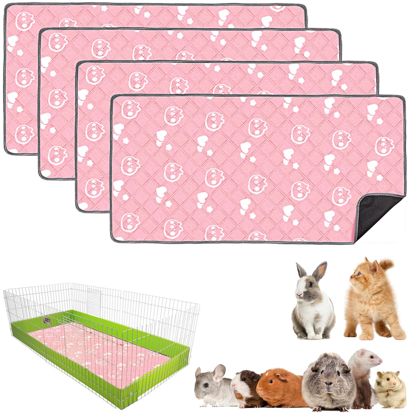 Mooydee 4 Pack Guinea Pig Bedding - Washable Guinea Pig Liners for Midwest Cage, Waterproof Reusable Pee Pads Super Absorbent Mats for Small Animals Pet Rabbit Bunny Hamster Rat (Pink, 48 x 24 Inch)
