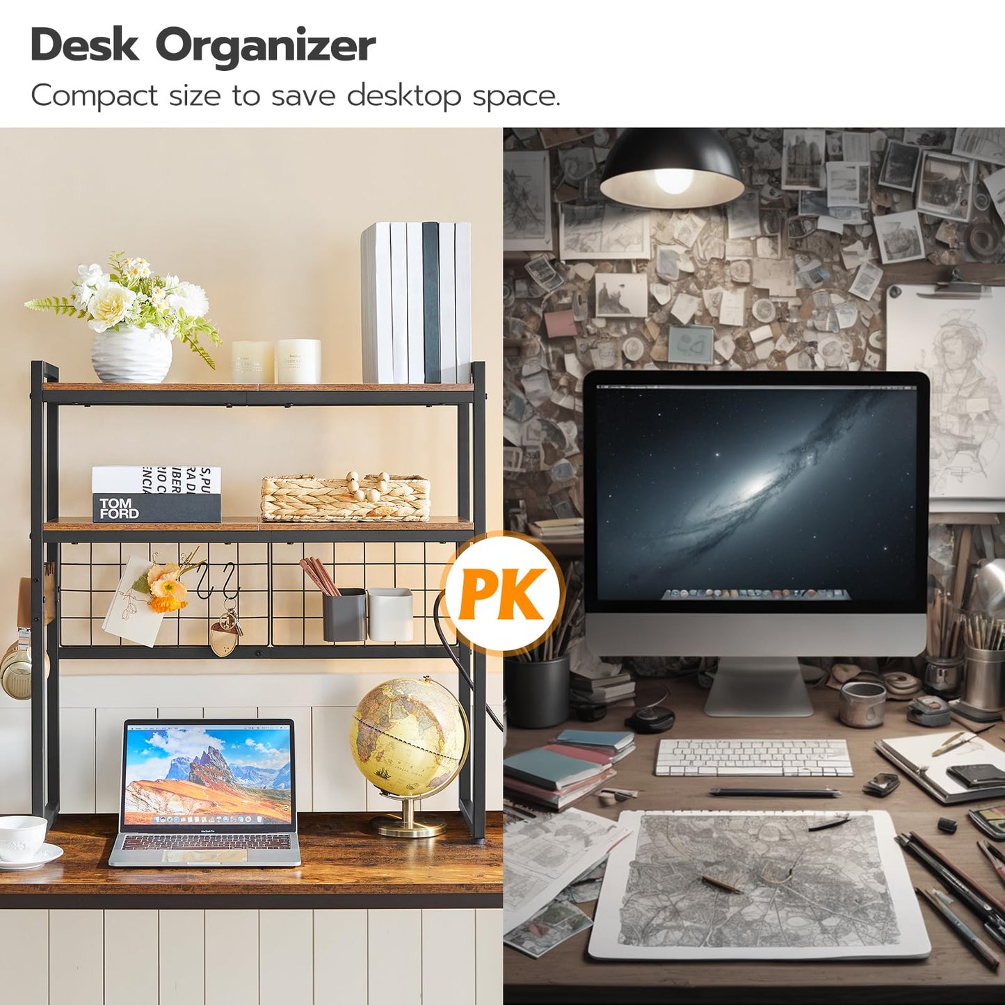 HOOBRO Desktop Bookcase, 2-Tier Office Desktop Organizer, 29.9" Wooden Storage Rack with Outlets, Display Shelf Rack with Light Strip, Desk Hutch for Office, Rustic Brown BF11UDSJ01
