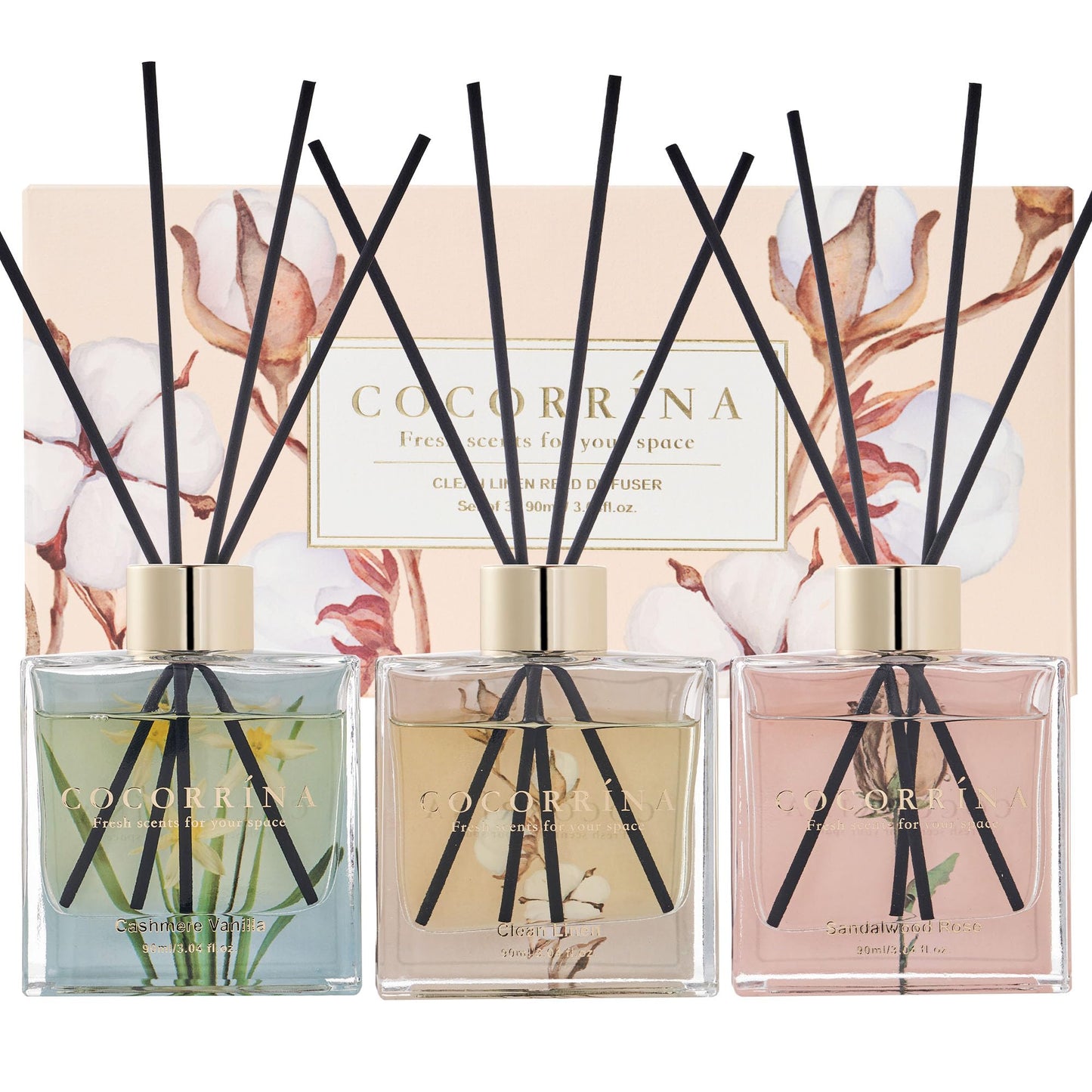 COCORRÍNA Reed Diffuser Set of 3, 3 Packs of 3 Reed Diffusers with 24 Sticks Cashmere Vanilla Sandalwood Pink Clean Linen Reed Diffuser for Home Bathroom Office