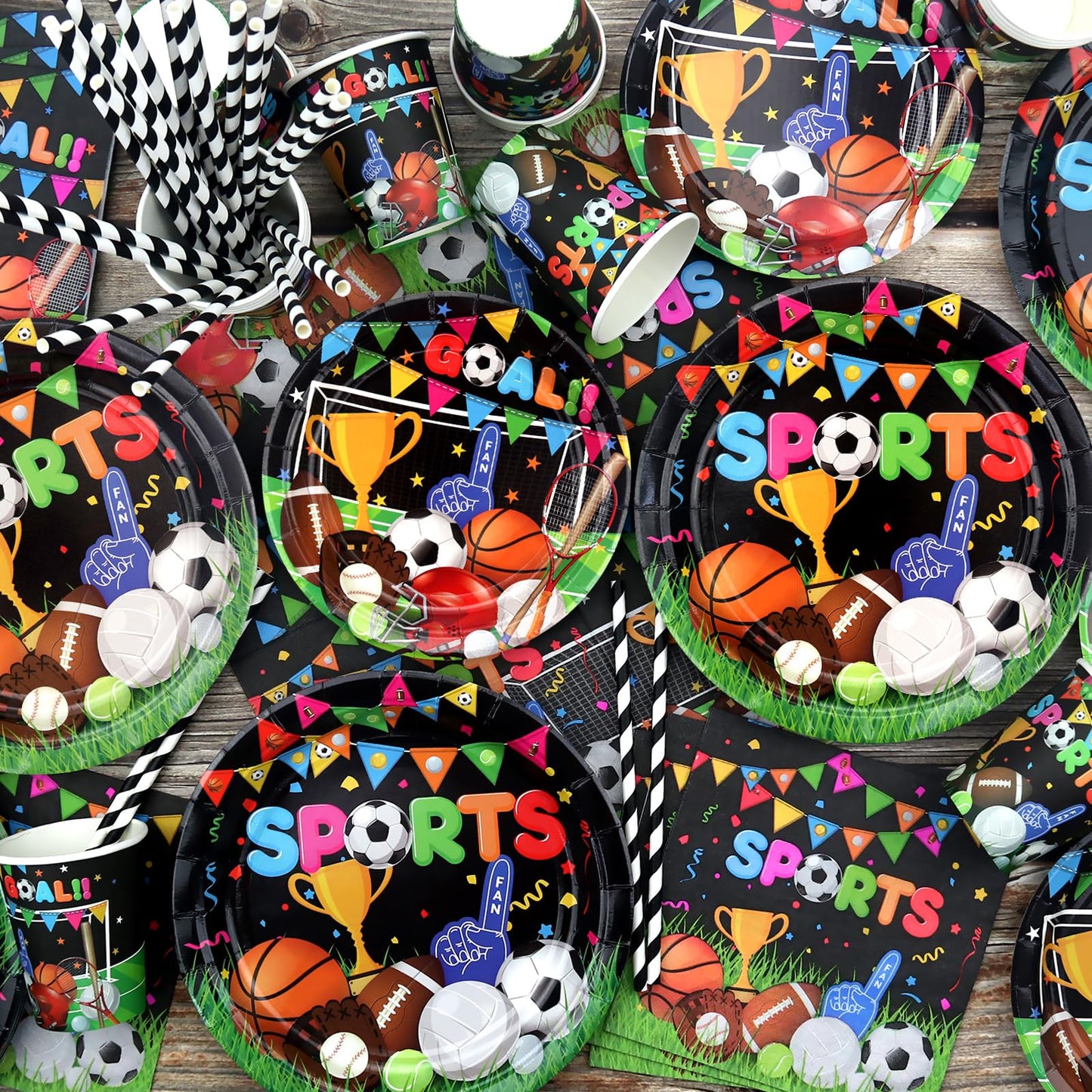 Sports Theme Birthday Party Decorations - Including Happy Birthday Banner, Tablecloth, Tableware and Balloons, Soccer Basketball Baseball Football Theme Party Supplies for Kids and Adult, Serves 20