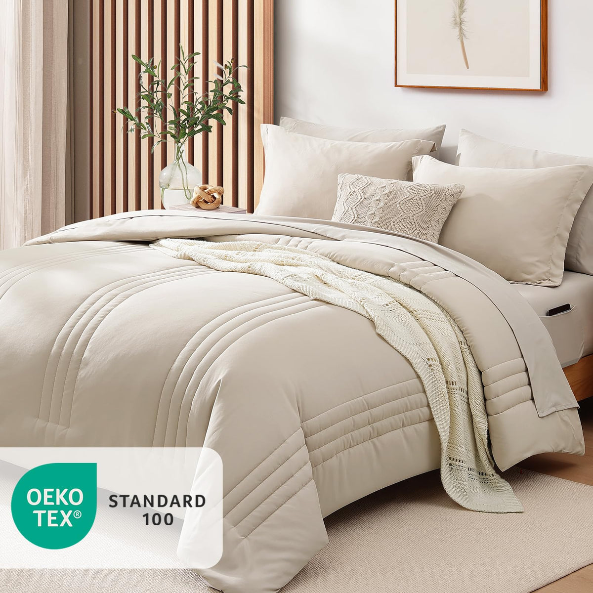 Monbix Queen Comforter Set - 7 Pieces Apricot Beige Bed in a Bag Queen Bedding Sets with Comforters, All Seasons Comforter Bed Set with Sheets, Pillowcases & Shams