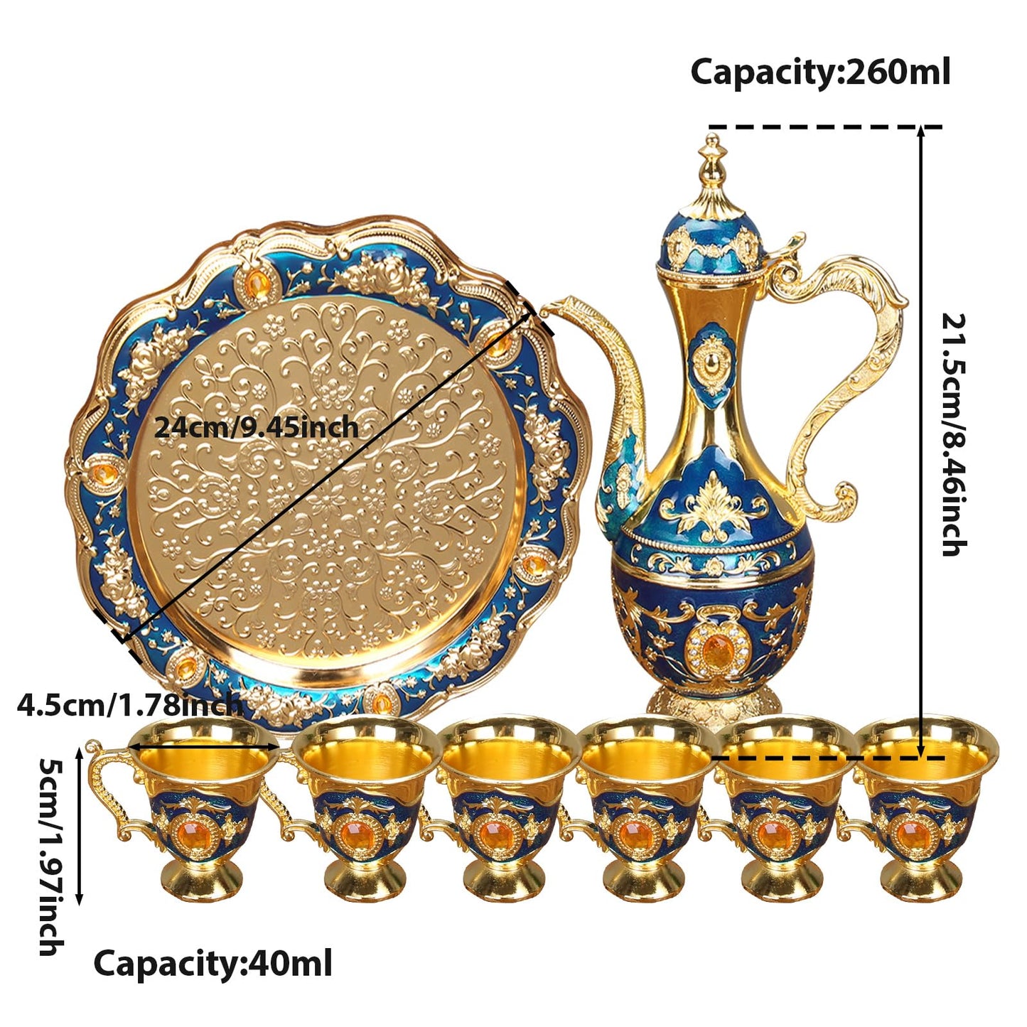 Vintage Turkish Coffee Pot Set 6 Tea Cups Small Metal Tea Set Tea Tray Teapot Tea Water Serving Set for Turkish Coffee, Arabic Coffees, Greek Coffees