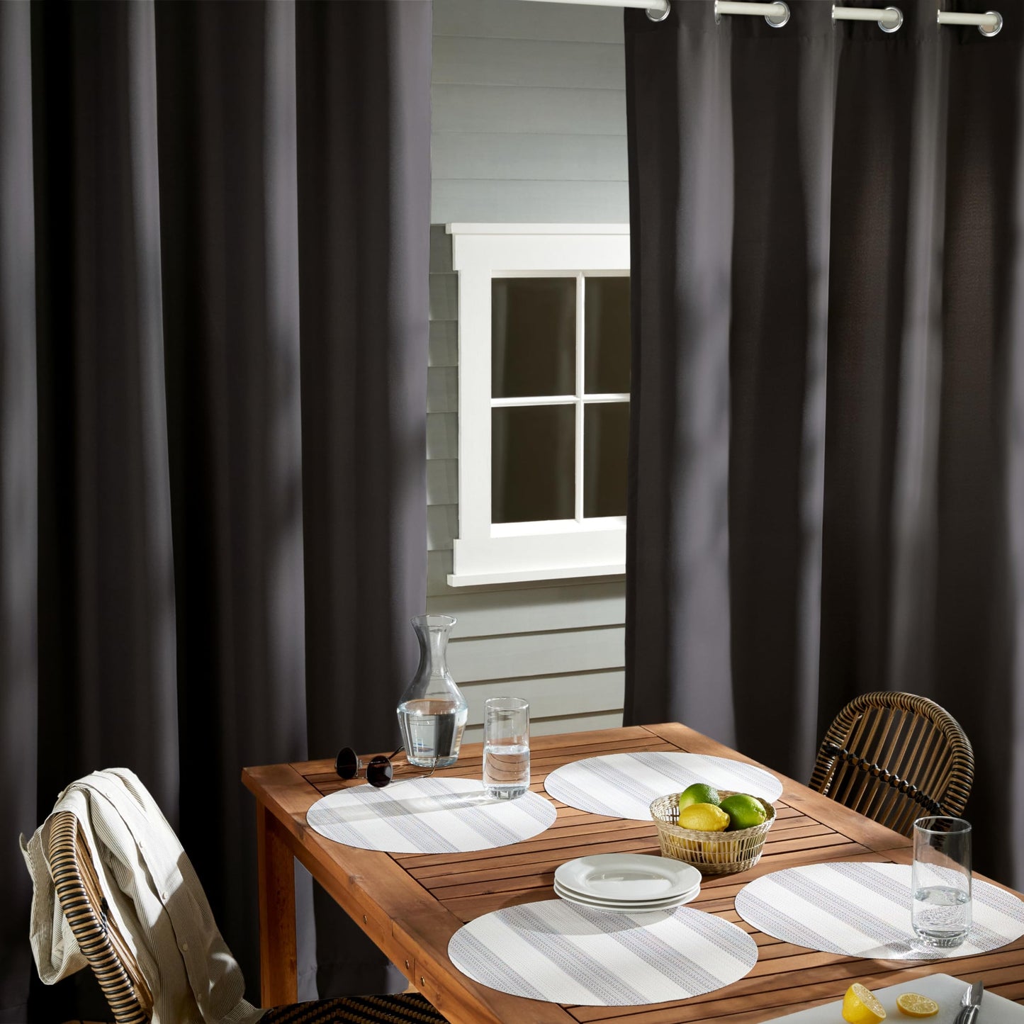 TOWN & COUNTRY BASICS Cabana Solid Heavyweight Indoor Outdoor Curtains, Light Filtering Opacity with Grommet Top, Water Repellent, 2-Pack Set, 54"x96", Black
