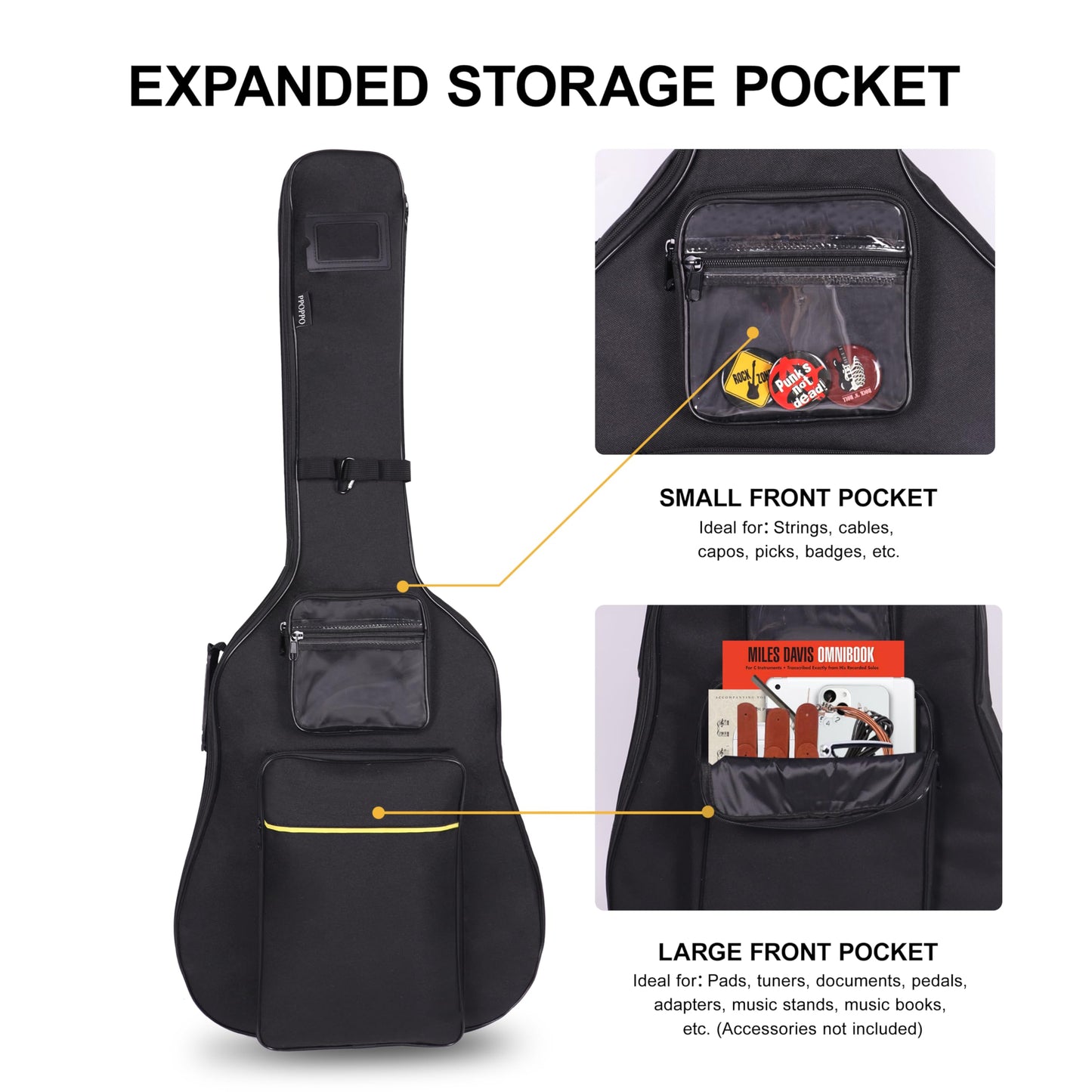 PPOPPO 40 41 42 Inch Acoustic Guitar Bag, Oxford Fabric with 0.35" Thick Padding, Water Resistant Gig Bag, 2 Storage Pockets, Side Handle & Back Hanger Loop, Adjustable Dual Shoulder Straps, Black
