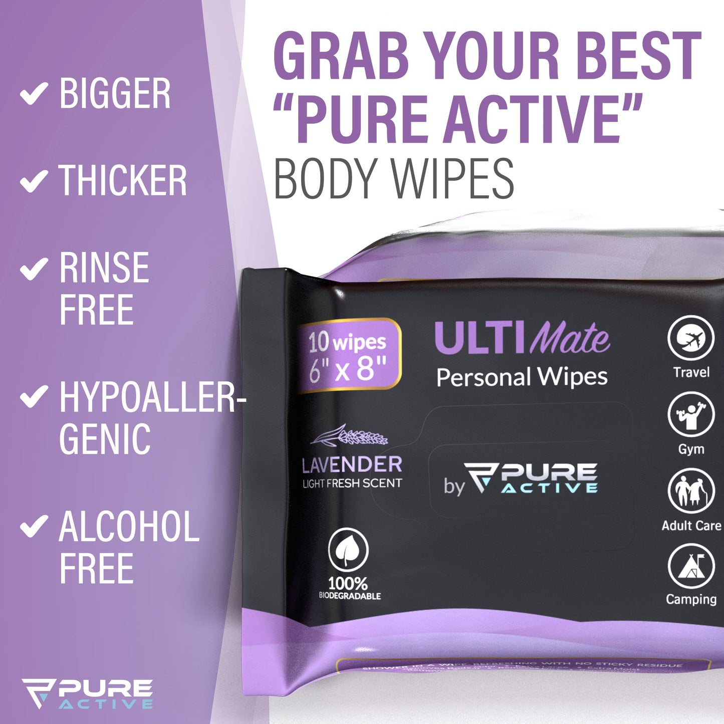 Body Shower Wipes - Hypoallergenic Alcohol-Free for Camping, Bathing, Workout - Rinse-Free for Adults, Men, Women - Large Bath Wipes (120 Count, 6''x8'', Lavender)