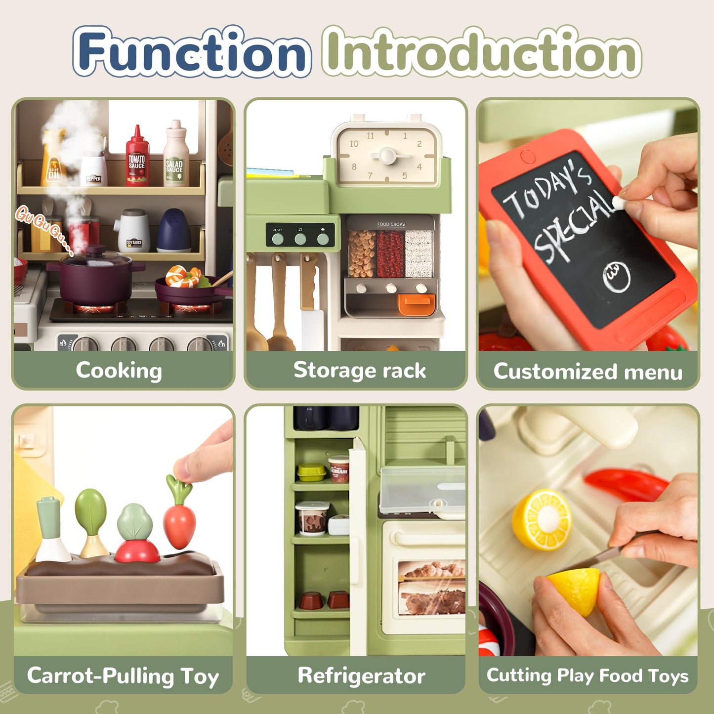 cossy Play Kitchen,Kids Kitchen Playset with Sound and Light,Spray Stove,Play Sink,Auto Egg Steamer and 88 PCS Accessories,Larger Play Kitchen for Toddlers 36" L x 11" W x 27" H .Green