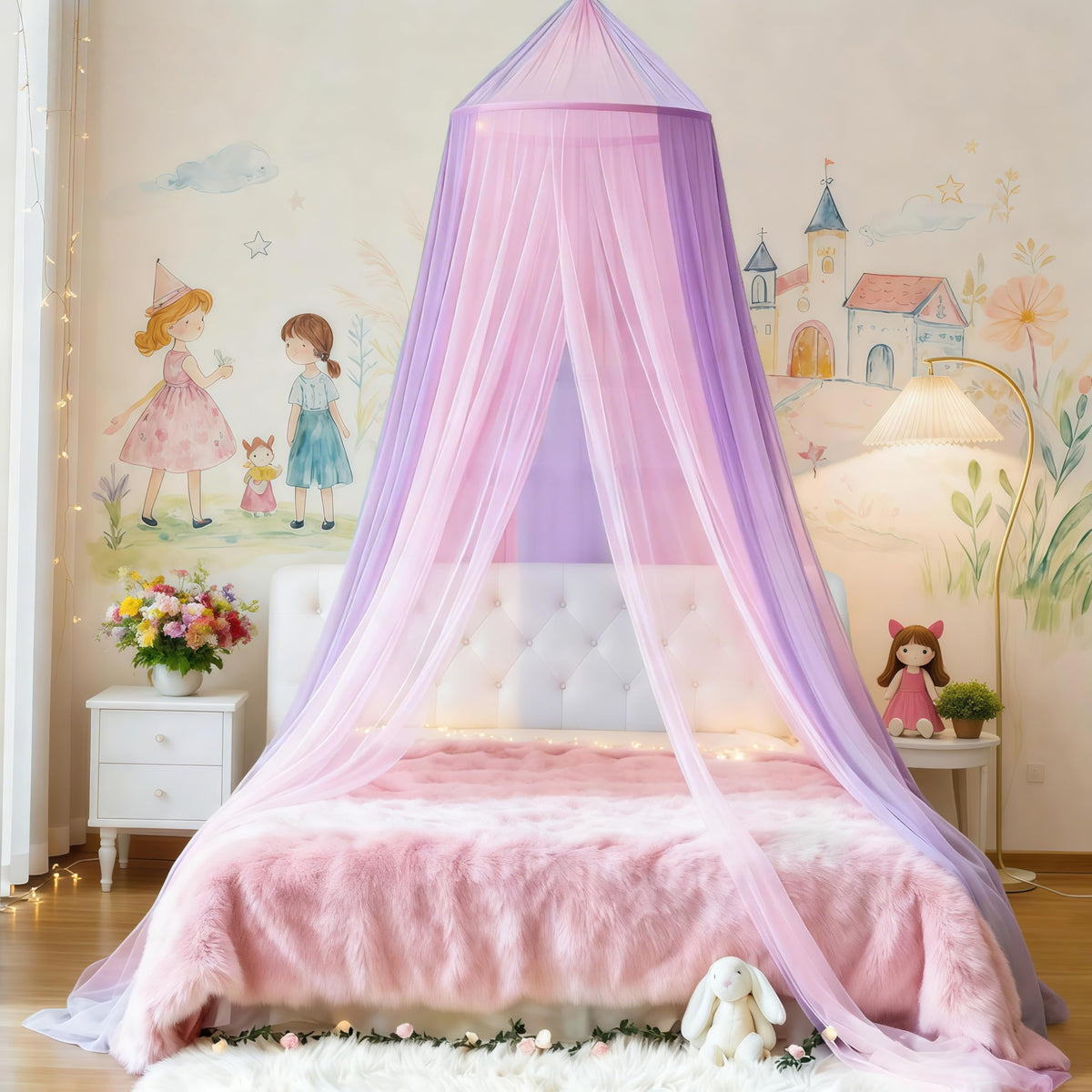 Eimilaly Two-Tone Bed Canopy Mosquito Net Pink Purple with 250pcs Warm Lights, Bed Canopy for Girls Room Decor, Single Door