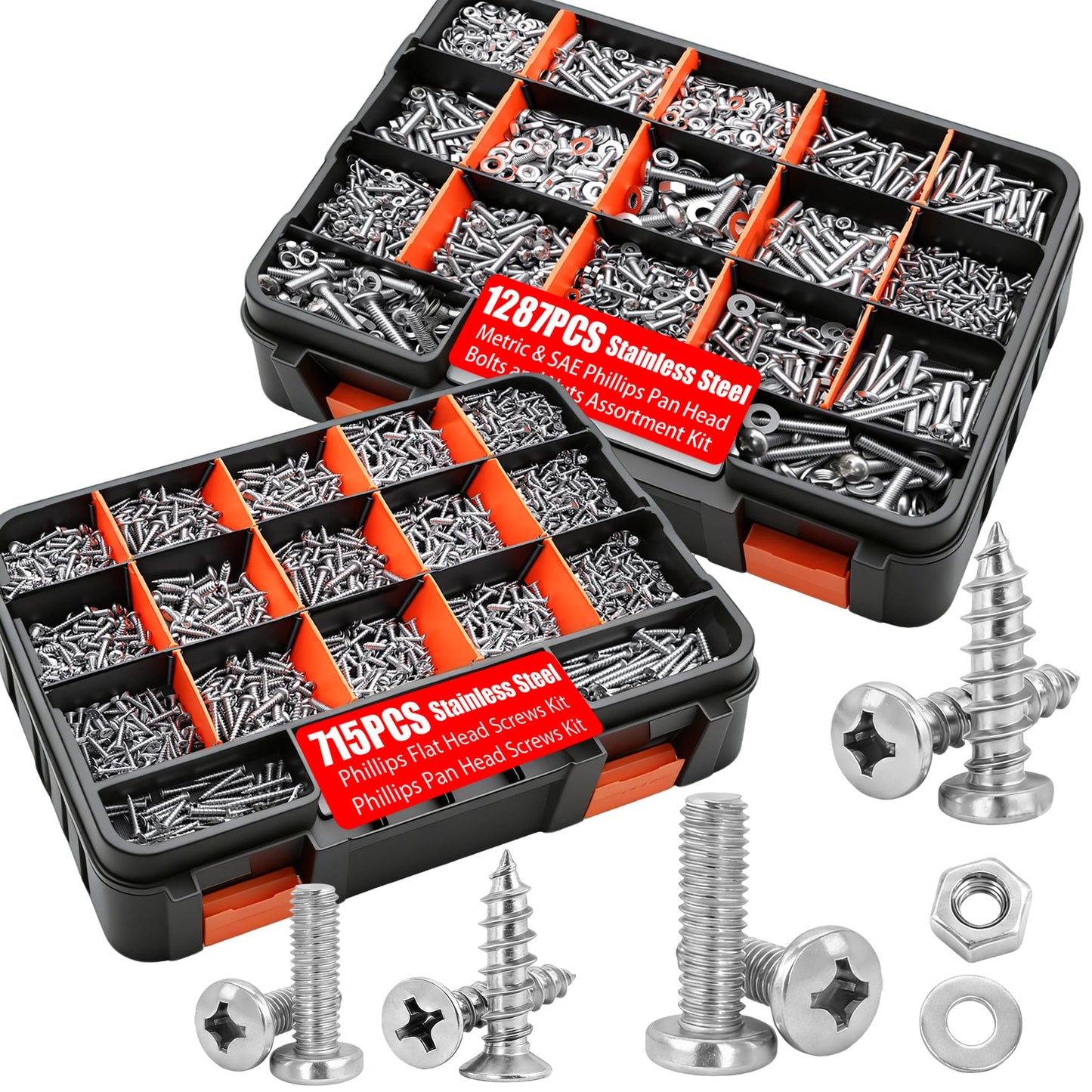 Twidec/2002PCS Stainless Steel Hardware Assortment Kit,Metric & SAE Machine Screw Kit,Nuts And Bolts Assortment,Phillips Pan Head & Flat Head Screws And Washers with Double Sided Organizer Box