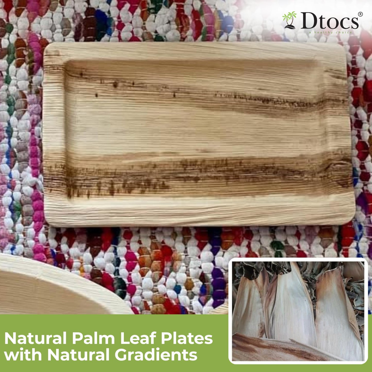 Dtocs Rectangle Disposable Plates 7x11 Inch (50) | Heavy Duty Palm Leaf Plates with Wood Serving Tray Look | Serving Trays, Charcuterie Boards, Appetizers | Alt to Rectangle Paper Plates