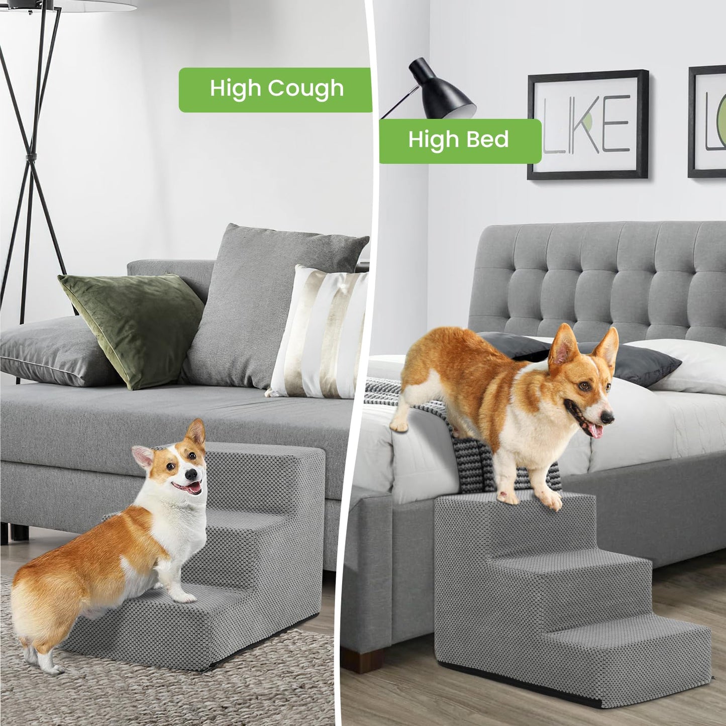 Bnonya 3 Tiers Dog Stairs for Small Dogs, Pet Stairs for Couch and High Bed, Soft Foam Dog Steps with Removable Washable Cover for Injured Dogs, Short-Legged Dogs and Older Pets Dogs, Grey