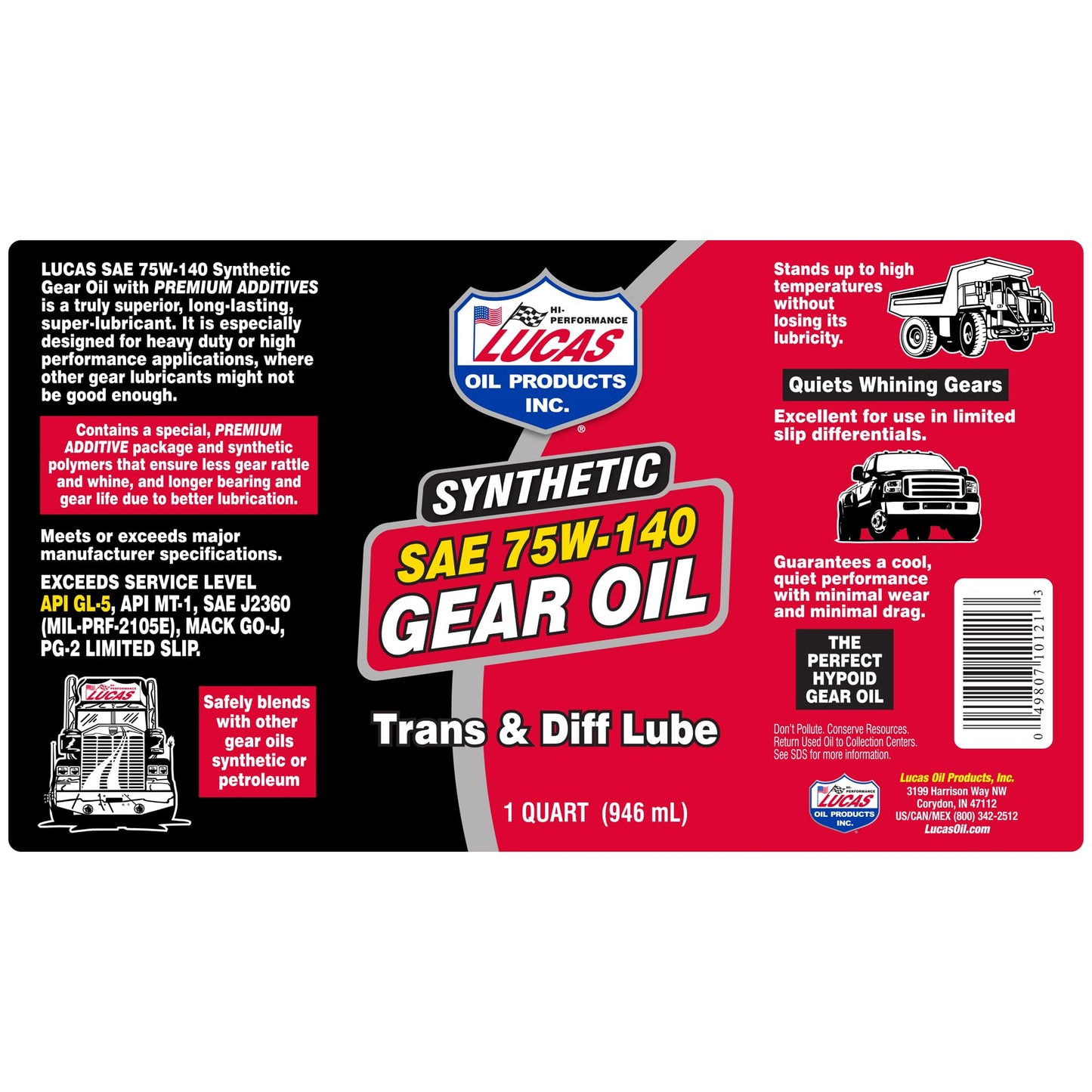 Lucas Oil 10121 SAE 75W-140 Synthetic Transmission and Differential Lube - 1 Quart