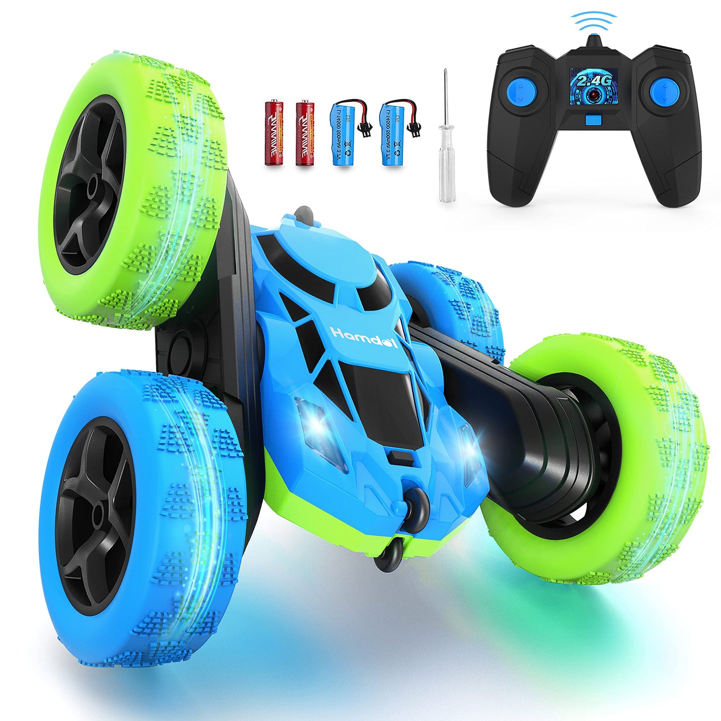 Hamdol Remote Control Stunt Car for Kids, 360° Rotating Double-Sided RC Car with LED Headlights, 4WD 2.4GHz Electric Rechargeable Toy Vehicle for Boys and Girls, Perfect Birthday