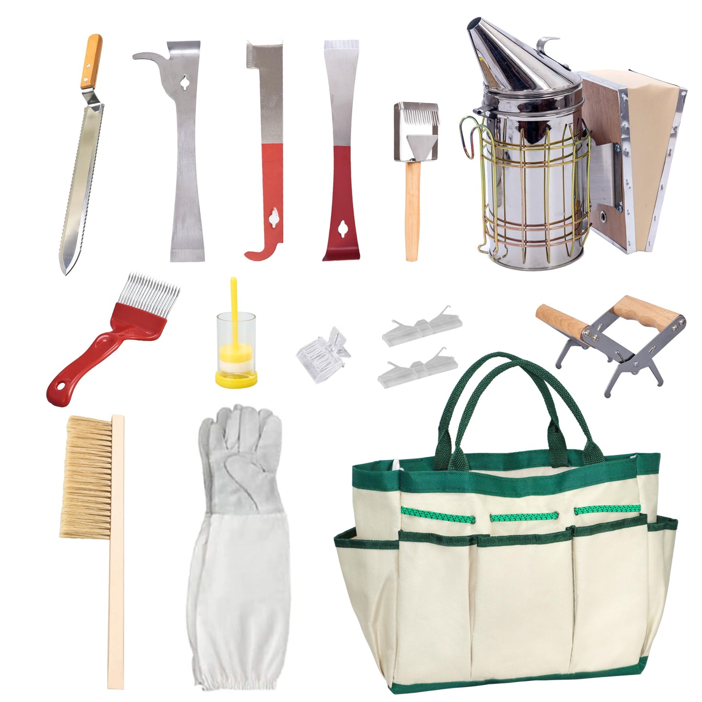 BeeCastle 14 Pcs Beekeeping Tools Starter Kit, Bee Keeping Supplies-All Bee Hive Tools Kit with Organizer Tote and Beekeeping Gloves for Beginners and pro Beekeepers