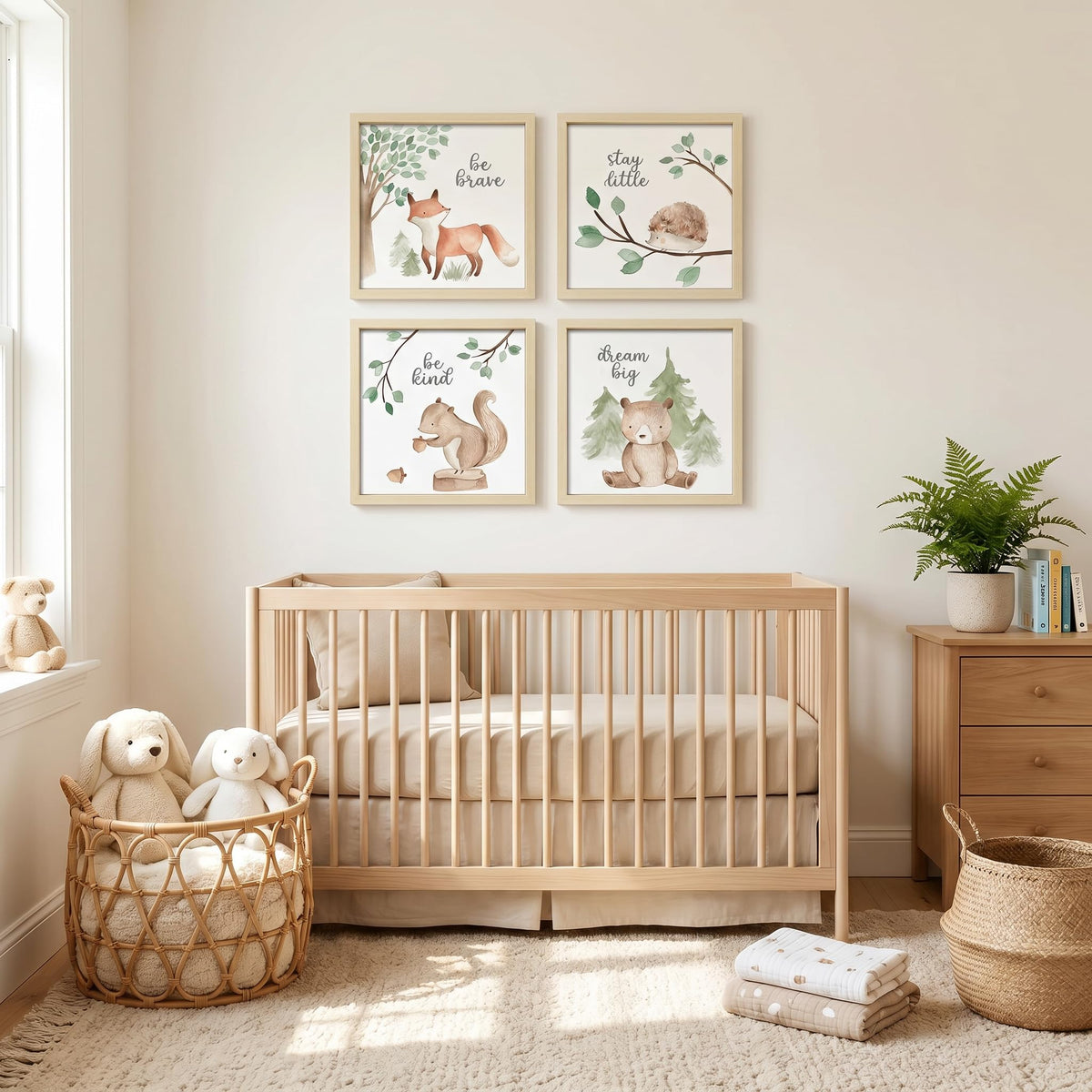 ArtbyHannah Framed Woodland Nursery Wall Decor, Safari Nursery Decor with Inspirational Quotes, Cute Animals Prints in 10x10 inch Wood Picture Frames with Acrylic Panel for Baby Room, Kids Playroom, Light-Wood Decoration（4 Pack, Fox, Owl, Squirrel, Bear)
