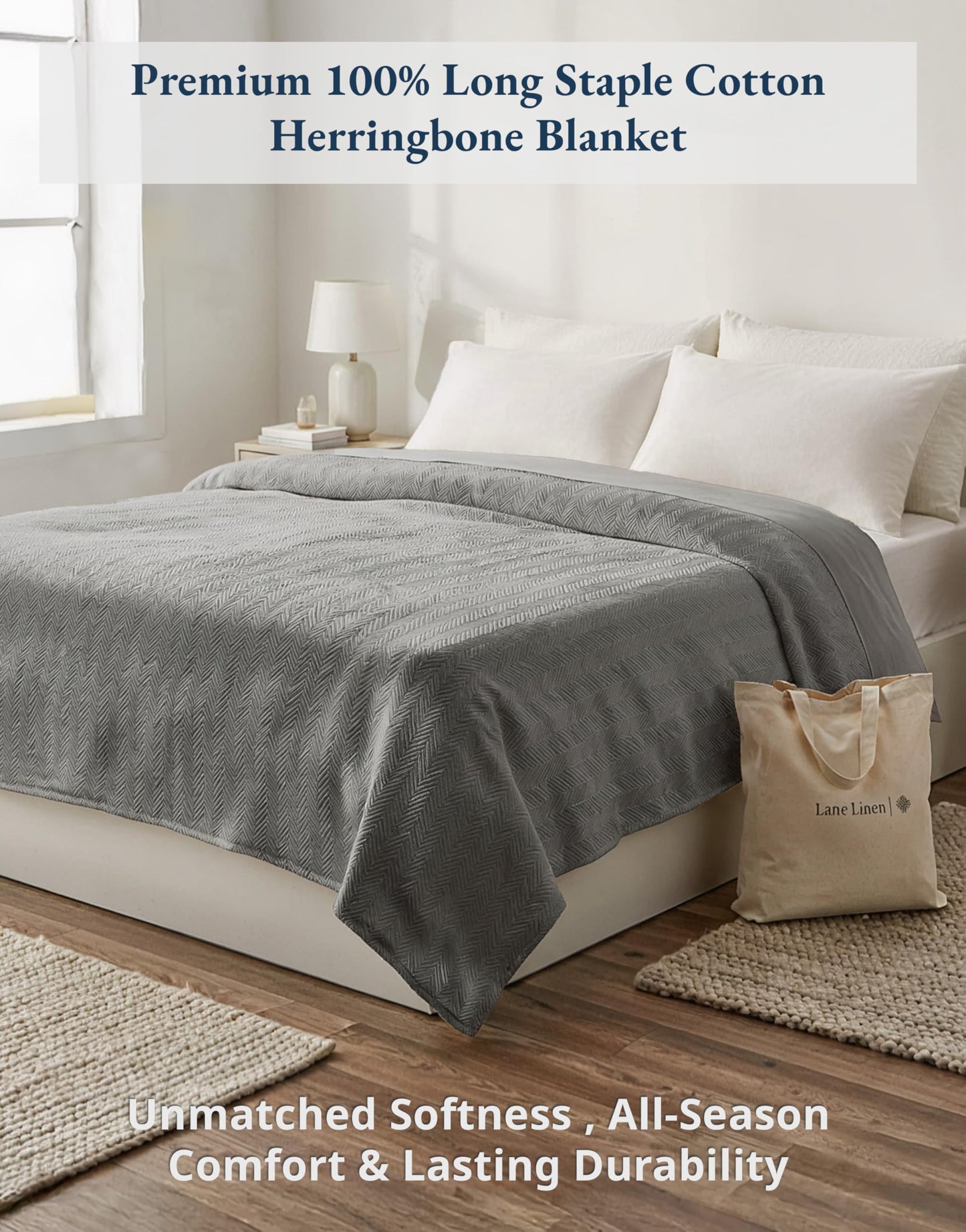 Lane Linen Bed Blankets Queen Size – 100% Cotton Blanket for Couch & Bed, Classic Woven Texture, Soft & Breathable Summer Blanket, Lightweight & Cozy Throw, 90"x90" – Navy