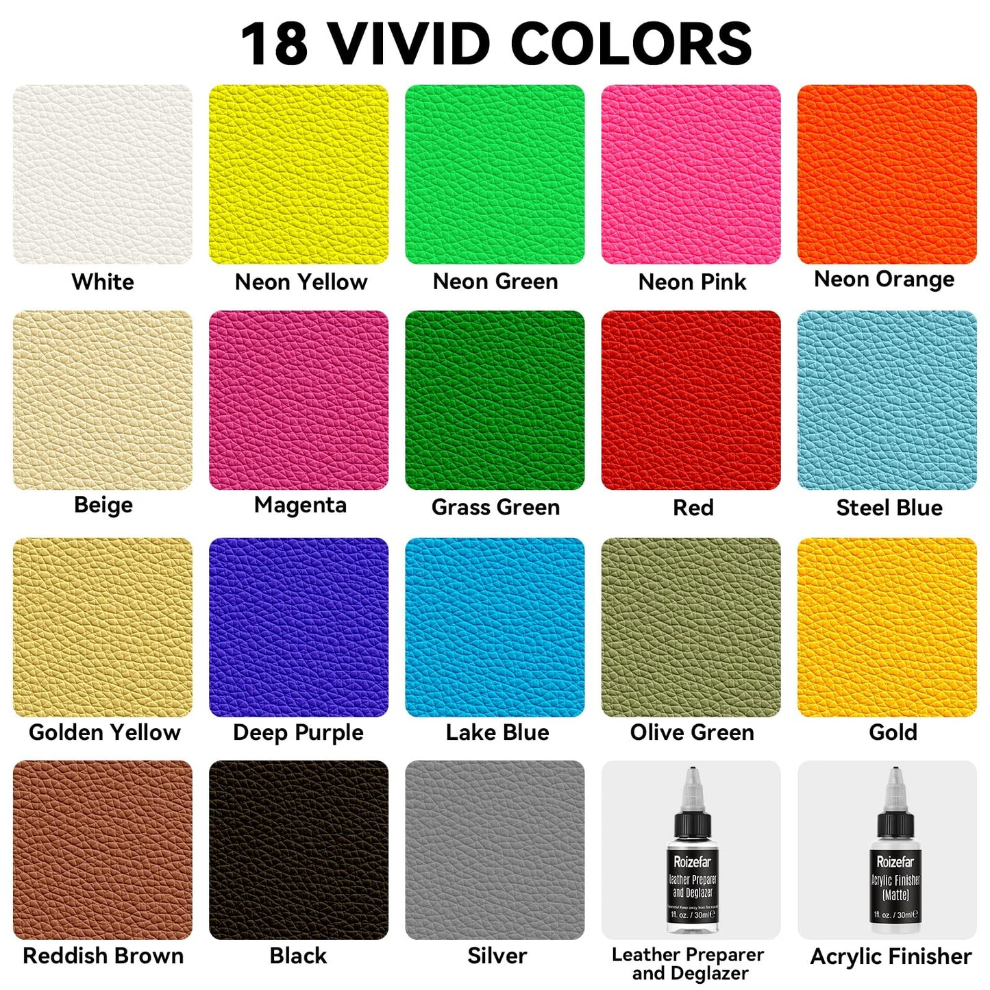Roizefar Acrylic Leather Paint, Ultimate All-in-One 20 x 30ml Kit with Deglazer & Finisher, 18 Colors Flexible & Waterproof Leather Dye for Shoes, Bags, Jackets, Sneakers, Couches, Car Seats, Sofa