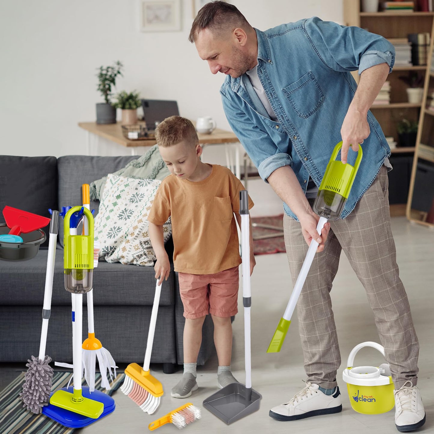 Kids Cleaning Set14 Piece -Toddler Cleaning Toy Set Includes Real Working Vacuum Cleaner, Broom, Mop, Brush, Spray, Duster, Preschool Educational Pretend Play Clean Kit for Toddler (Blue)