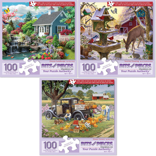 Bits and Pieces - Value Set of Three (3) 100 Piece Jigsaw Puzzles for Adults – Puzzles Measure 38 cm x 48 cm - 100 pc Dream Landscape, Sunrise Feasting, Home Grown Jigsaws by Artist Various Artists