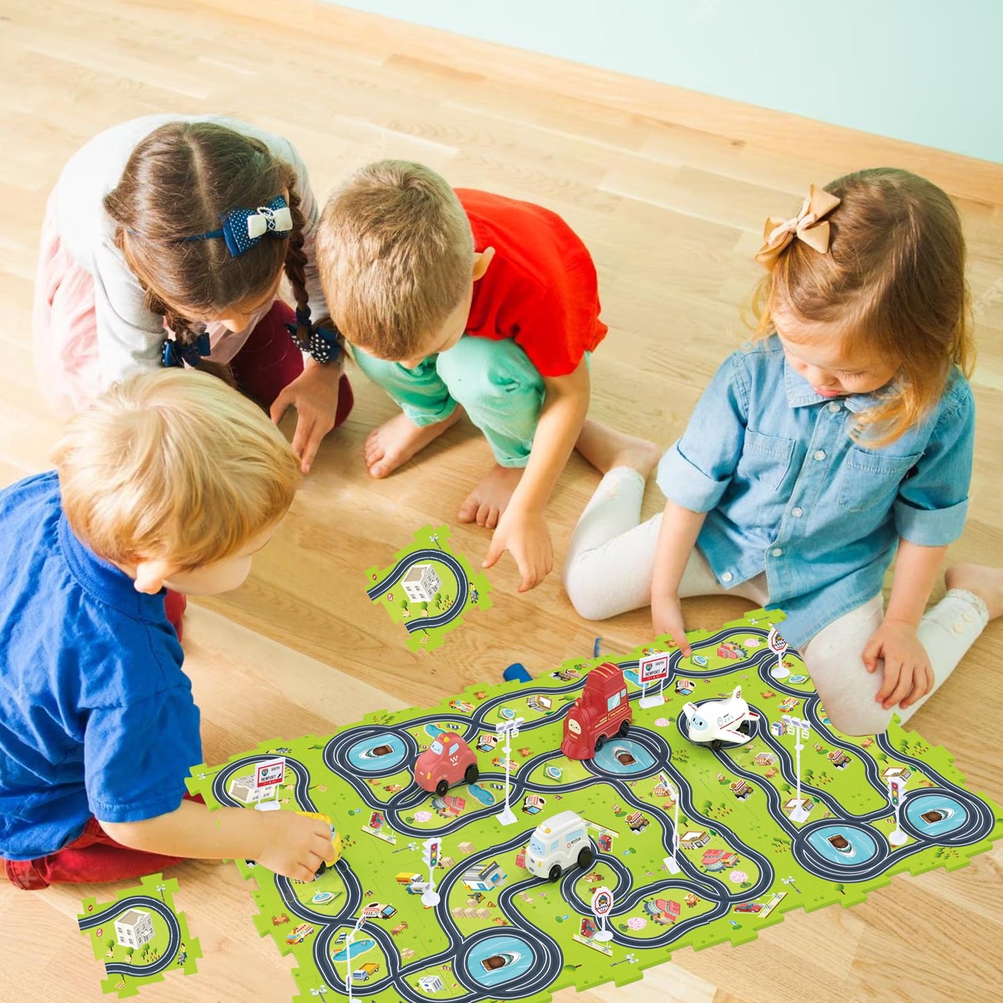 Bearbao Toddler Toys Gifts for 3 4 5 Year Old Boys, Total 24 Pieces Jigsaw Puzzle Racer Track Car Set with 3 Cars for Kids Boys 3-5, Puzzle Tracks Car Toys Gifts for 3 4 5 Year Old Boys Kids