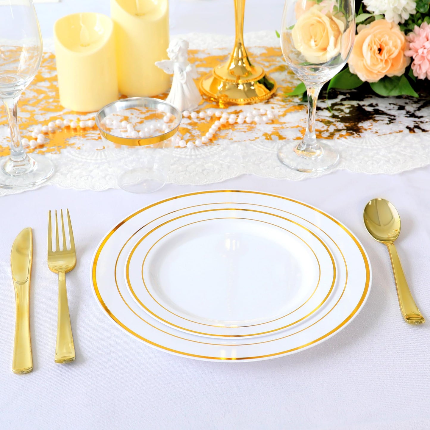 100 Pieces Gold Plastic Plates, Disposable Party Plates White Gold Rim, 50 Heavy Duty Dinner 10.25 Inch Plates and 50 Disposable Dessert Appetizer Elegant Fancy Wedding 7.5 Inch Plates