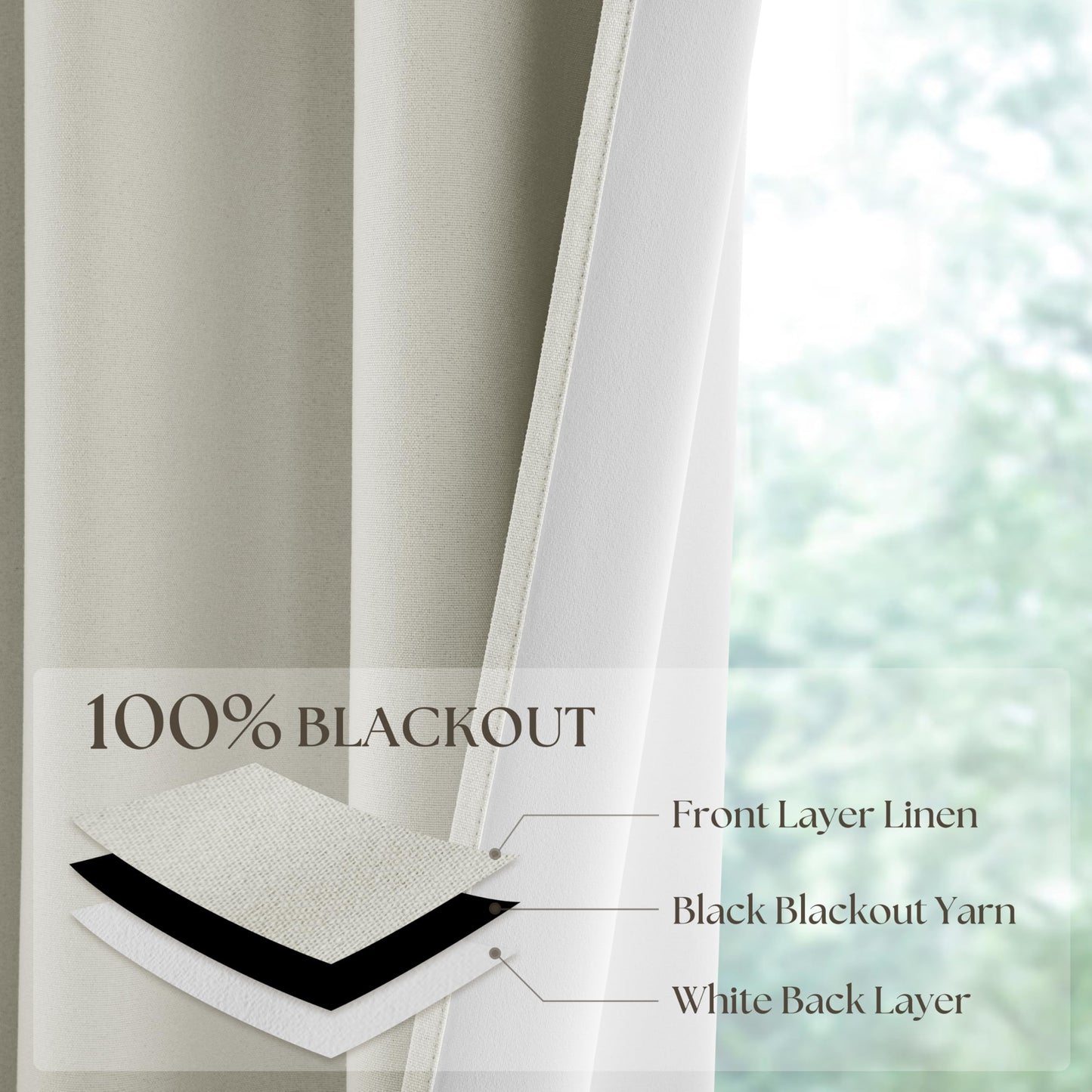 Black Out Linen Curtains for Bedroom 96 Inches Long Pleated Back Tab Rod Pocket Living Room Drapes Thermal Insulated with White Backing Blackout Linen Curtains 2 Panels Set 52x96 Inches White Ivory