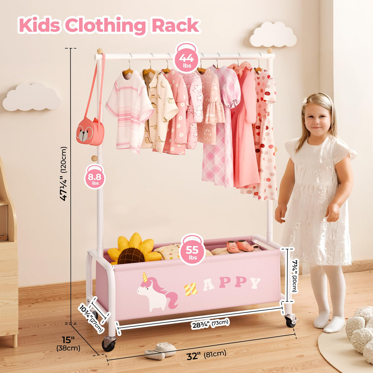 GRANNY SAYS Kids Clothing Rack with Wheels, Baby Clothes Rack Heavy Duty, Dress Up Storage Organizer, Toddler Garment Rack for Organizing Child Clothes Toys, Kid Closet for Little Girls, Pink