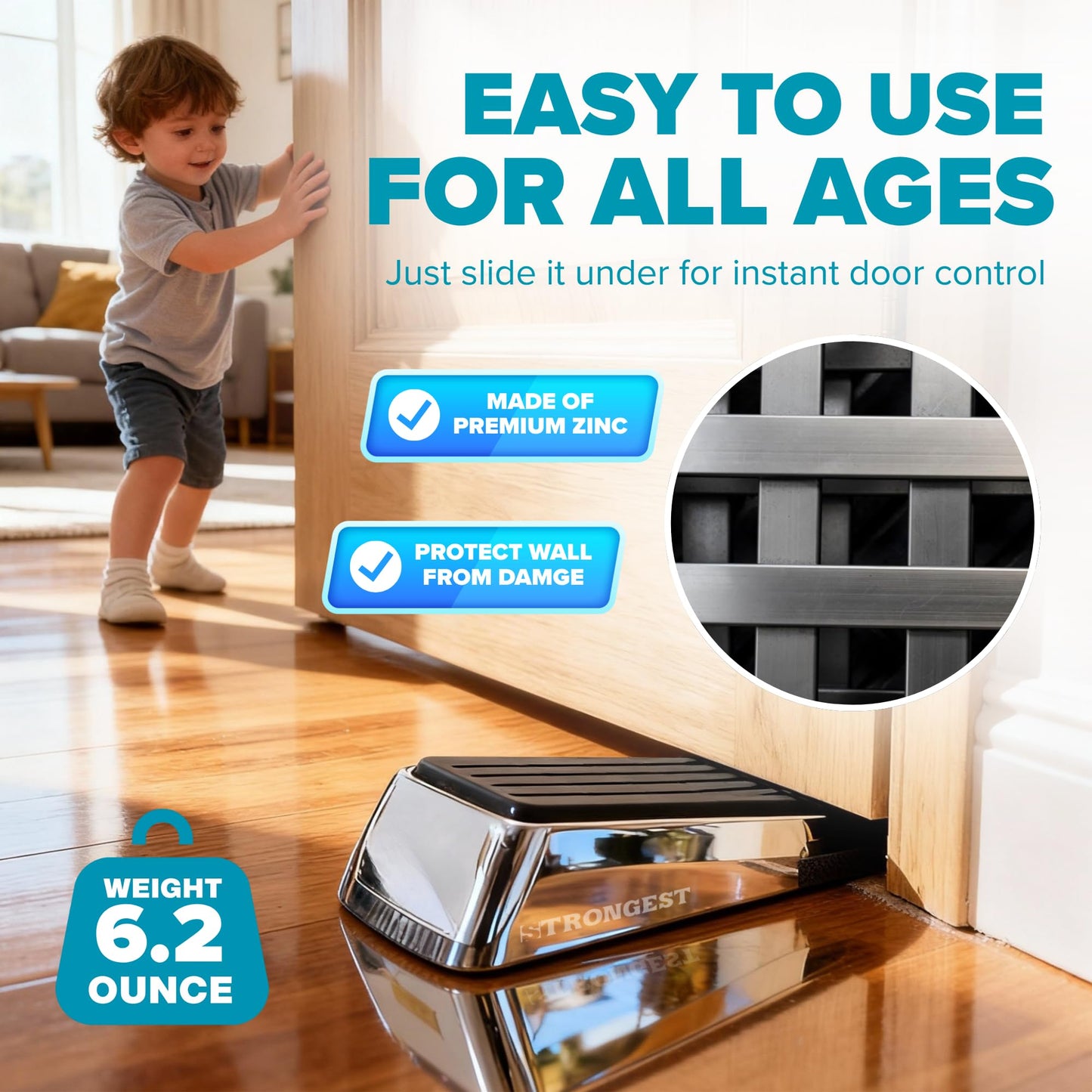 Strongest Home Heavy Duty Door Stopper Wedge (4 Chrome PCs) | Non-Slip Rubber and Metal Door Stop for Heavy Doors| Work on Wood, Tile, Carpet + 4 White Wall Protectors