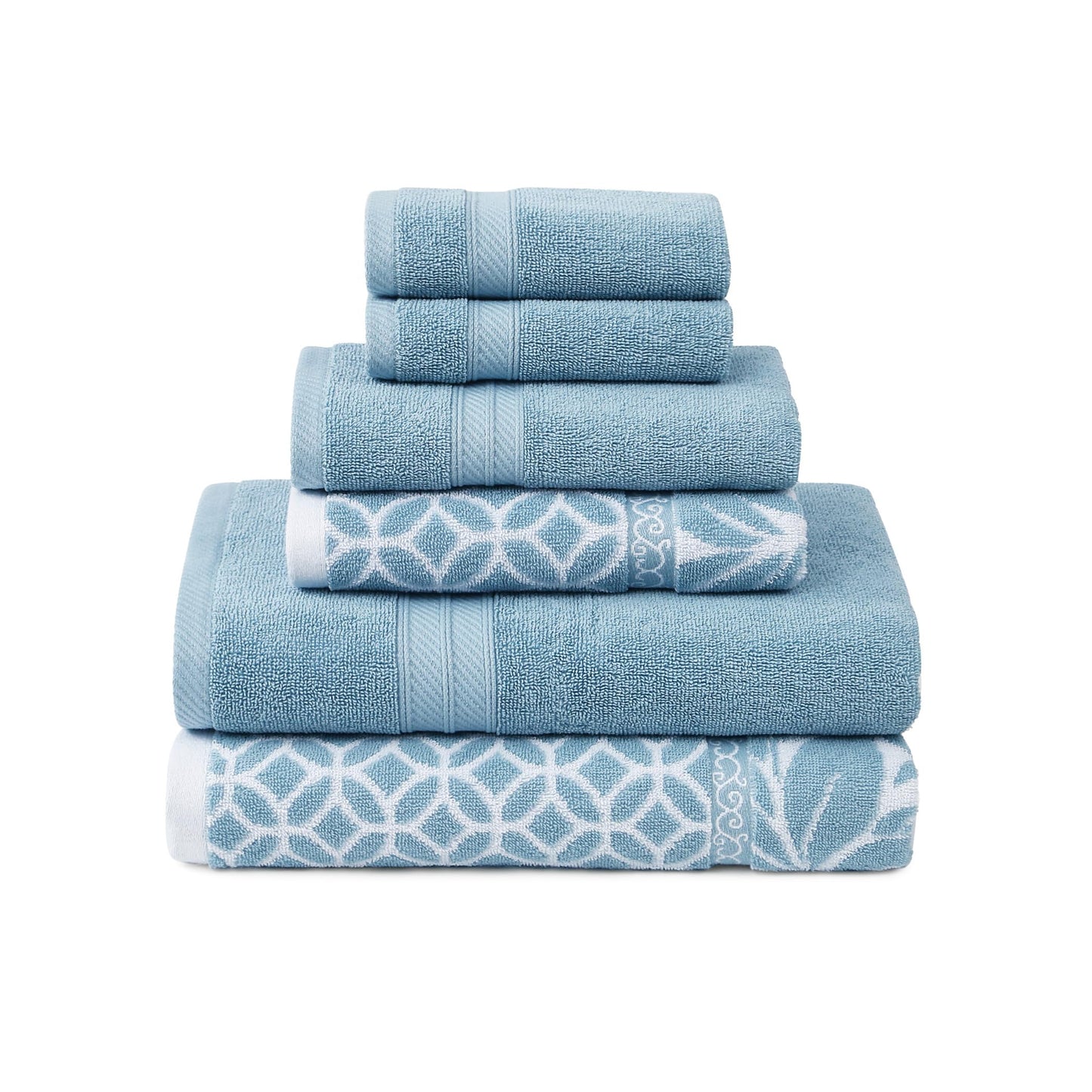 Modern Threads Trefoil Filigree 6-Piece 100% Cotton Towel Set – Reversible Yarn Dyed Jacquard – Includes 2 Bath Towels, 2 Hand Towels, 2 Washcloths – Absorbent, Quick Dry, Soft & Durable – Sky Blue