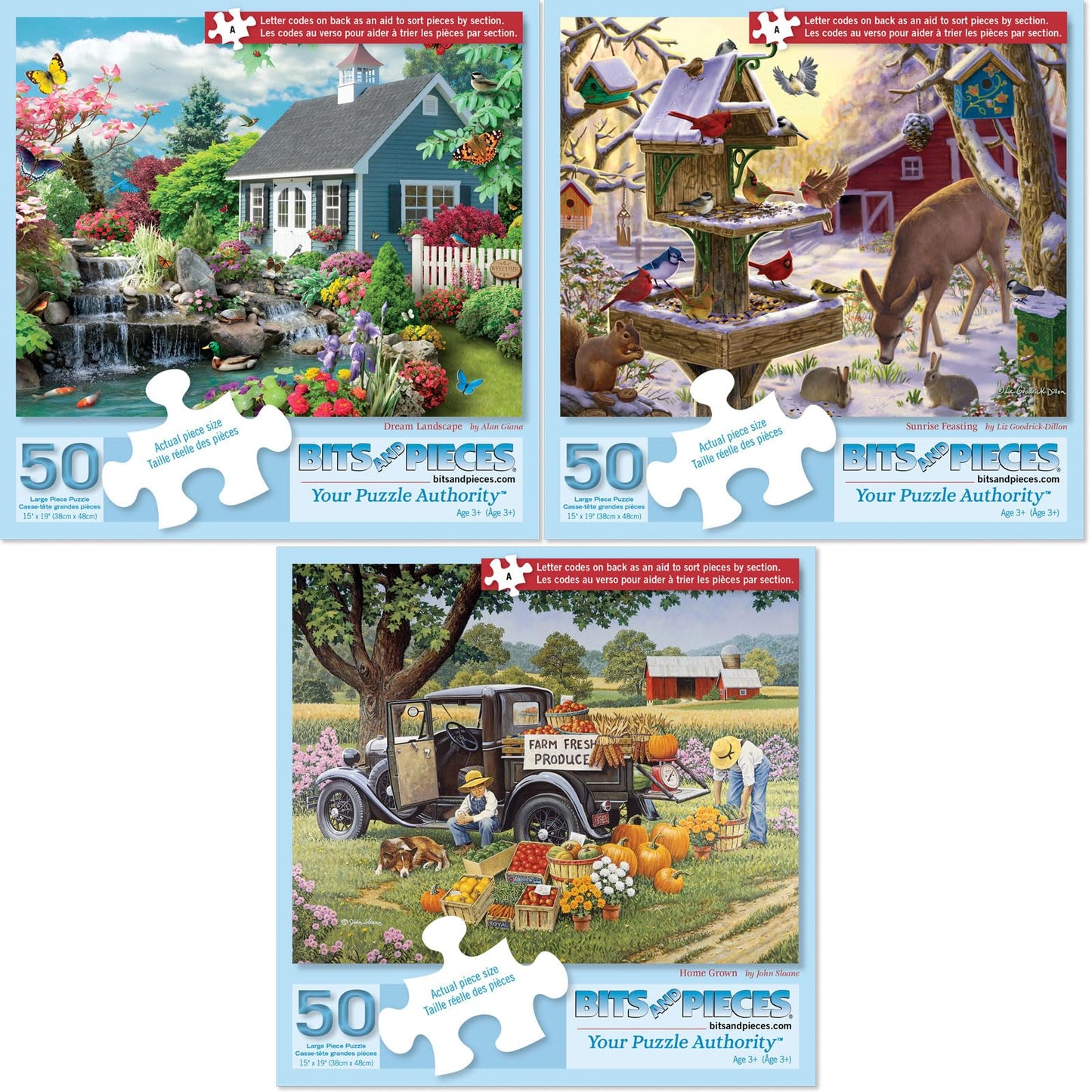 Bits and Pieces - Value Set of Three (3) 50 Piece Jigsaw Puzzles for Adults - Each Puzzle Measures 38 cm x 48 cm - 50 pc Dream Landscape, Sunrise Feasting, Home Grown Jigsaws by Artist Various Artists