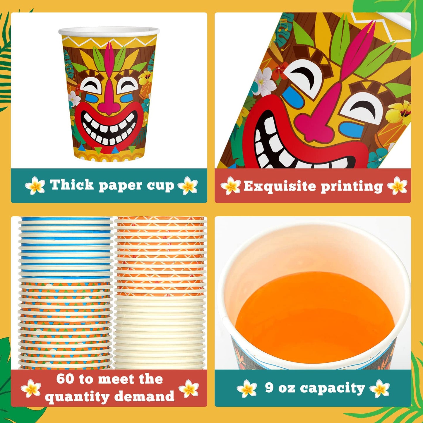 Yinder 60 Pieces Tiki Cups 9 oz Tiki Disposable Paper Cups Cute Party Decorations Summer Pool Party Decor for Kids Adults Beach Drinking Supplies(Hawaii)