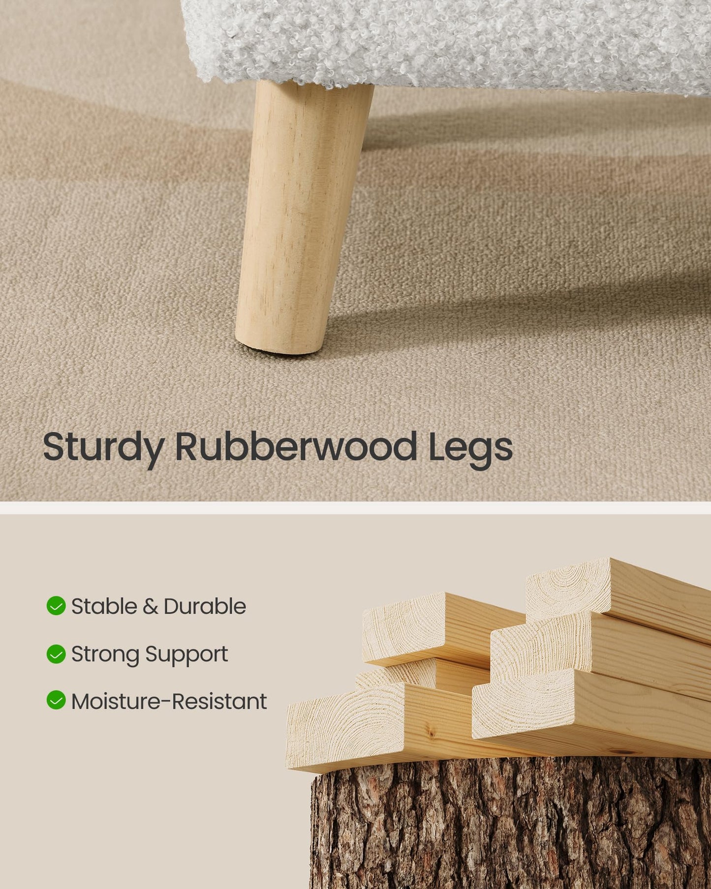 SONGMICS Storage Ottoman, Foot Stool, Ottoman with Padded Seat, Foot Rest with Wood Legs, Small Table, for Hallway, Living Room, 30 x 40 x 30 cm, Teddy Fleece, Cream White ULOM518WD01