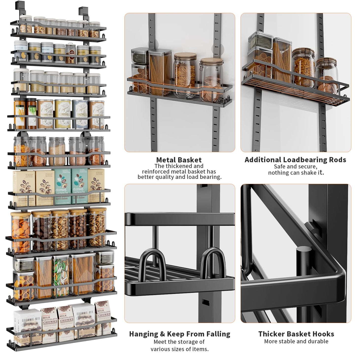MSERCUOR 9-Tier Over The Door Pantry Organizer Rack，Adjustable Metal Basket Spice Rack Seasoning Shelves, Hanging Spice Rack for Pantry Door, Kitchen Laundry Fit Wider Door (9 Tier Black)