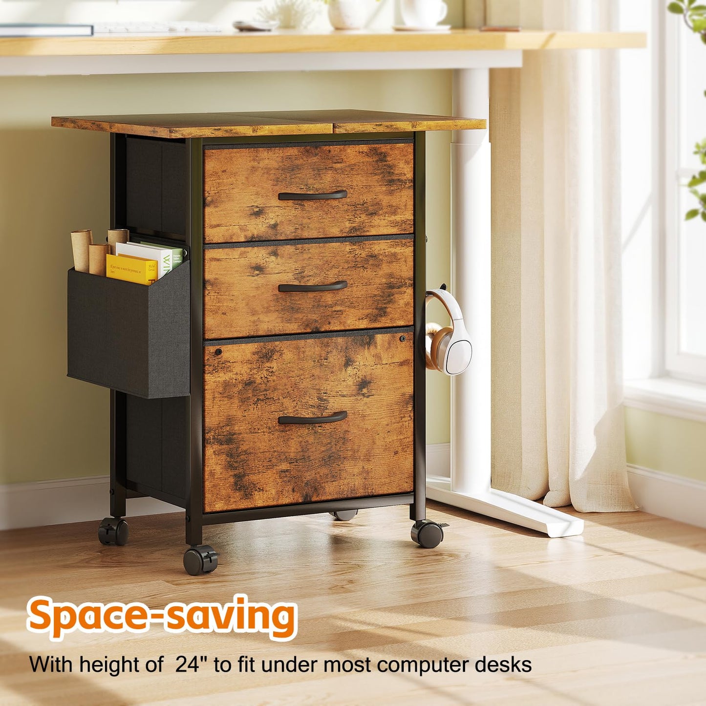 Flrrtenv File Cabinet with Extended Tabletop, Mobile Filing Cabinet with 3 Fabric Drawers and Storage Bag, Printer Stand for Home Office, Night Stand for Bedroom, Rustic Brown
