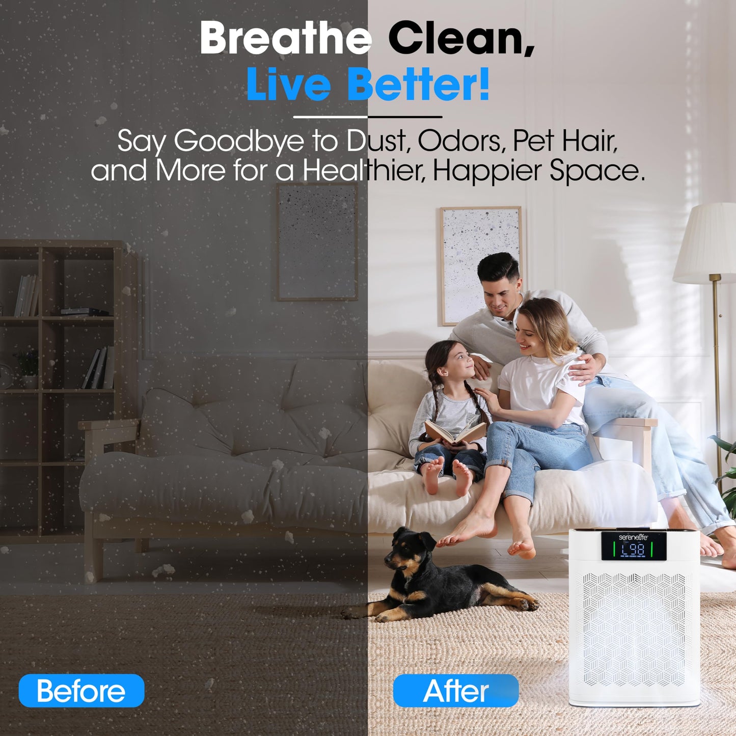 SereneLife HEPA Air Purifier for Home – Smart WiFi & App Control, Ultra-Quiet Air Purifier for Bedrooms & Large Rooms, Removes Dust, Pet Hair & Odors, Ideal for Pets & Allergies 1,076 Sq Ft
