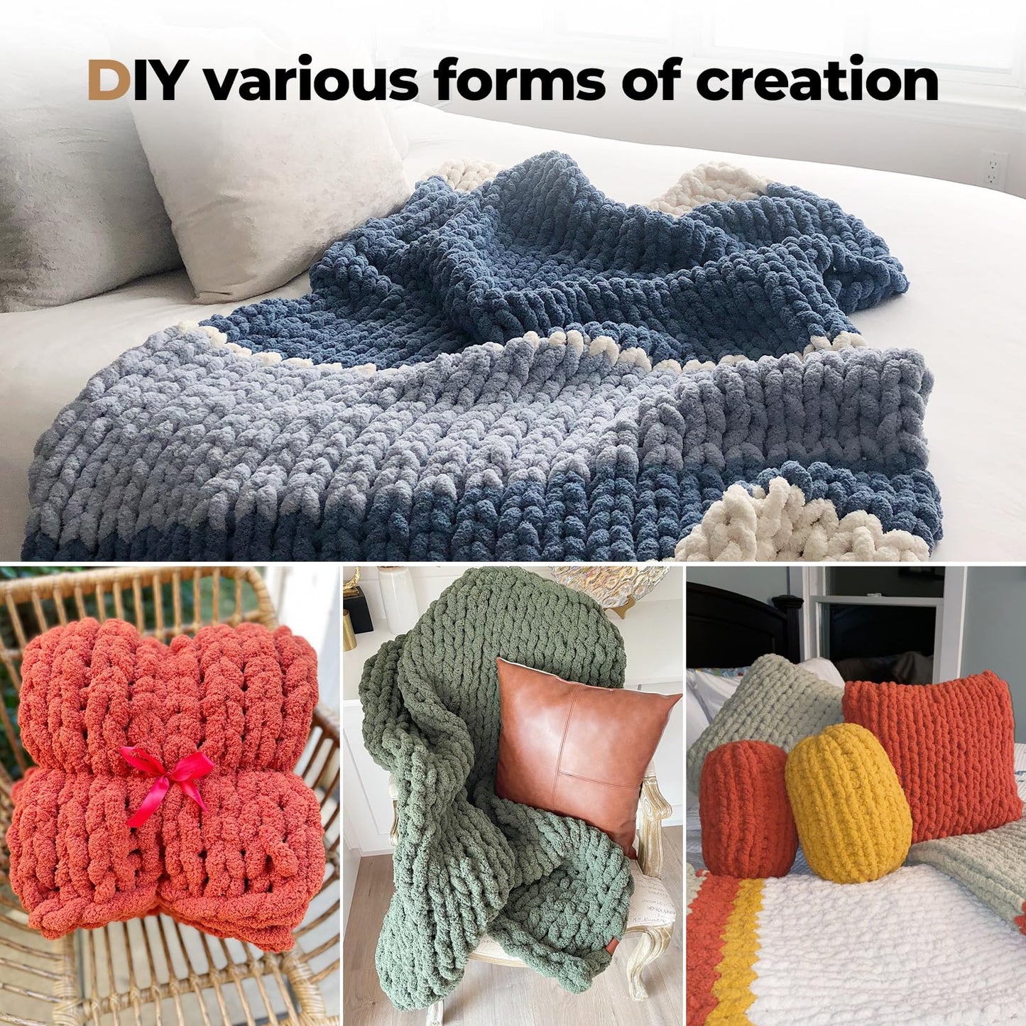 HouseABC Chunky Yarn for Hand Knitting Soft Jumbo Bulky Fluffy Yarn for Crocheting Blanket Scarf DIY 8 Pack (Black, 28yds, 8 Ounces Each)