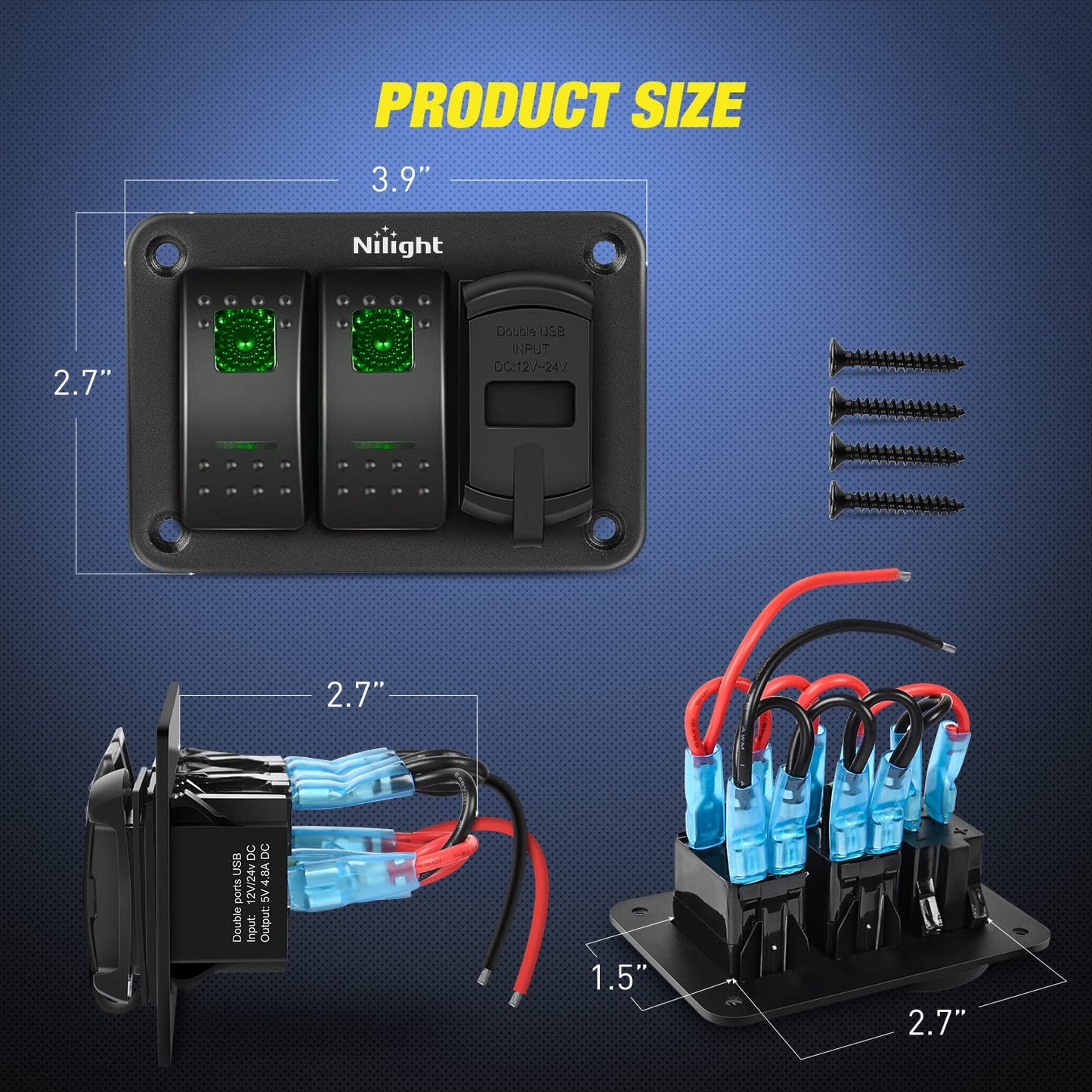 Nilight 2 Gang Rocker Switch Panel Green Backlit with 4.8 Amp Dual USB Charger Voltmeter Waterproof 12V 24V DC Night Glow Stickers for Car Trucks Boats RVs