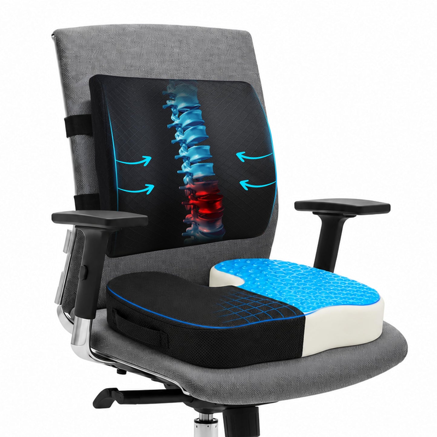 EcoNour Lumbar Support Pillow & Seat Cushion Back Support for Office Chair, Gaming, Wheel Chair & Car Seat | Gel Seat Cushion for Back and Butt Support, Tailbone, Sciatica & Coccyx Pain Relief